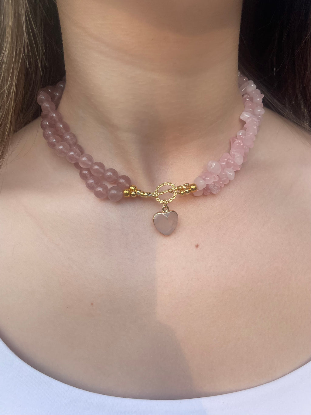 Asymmetrical Layered Strawberry Quartz Necklace with heart pendant: 18K Gold Plated Pendant