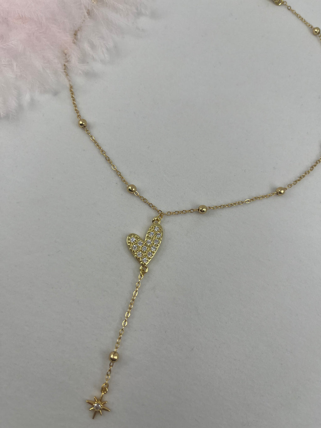 Lariat Y-Necklace, zirconia heart pendant 18k gold plated