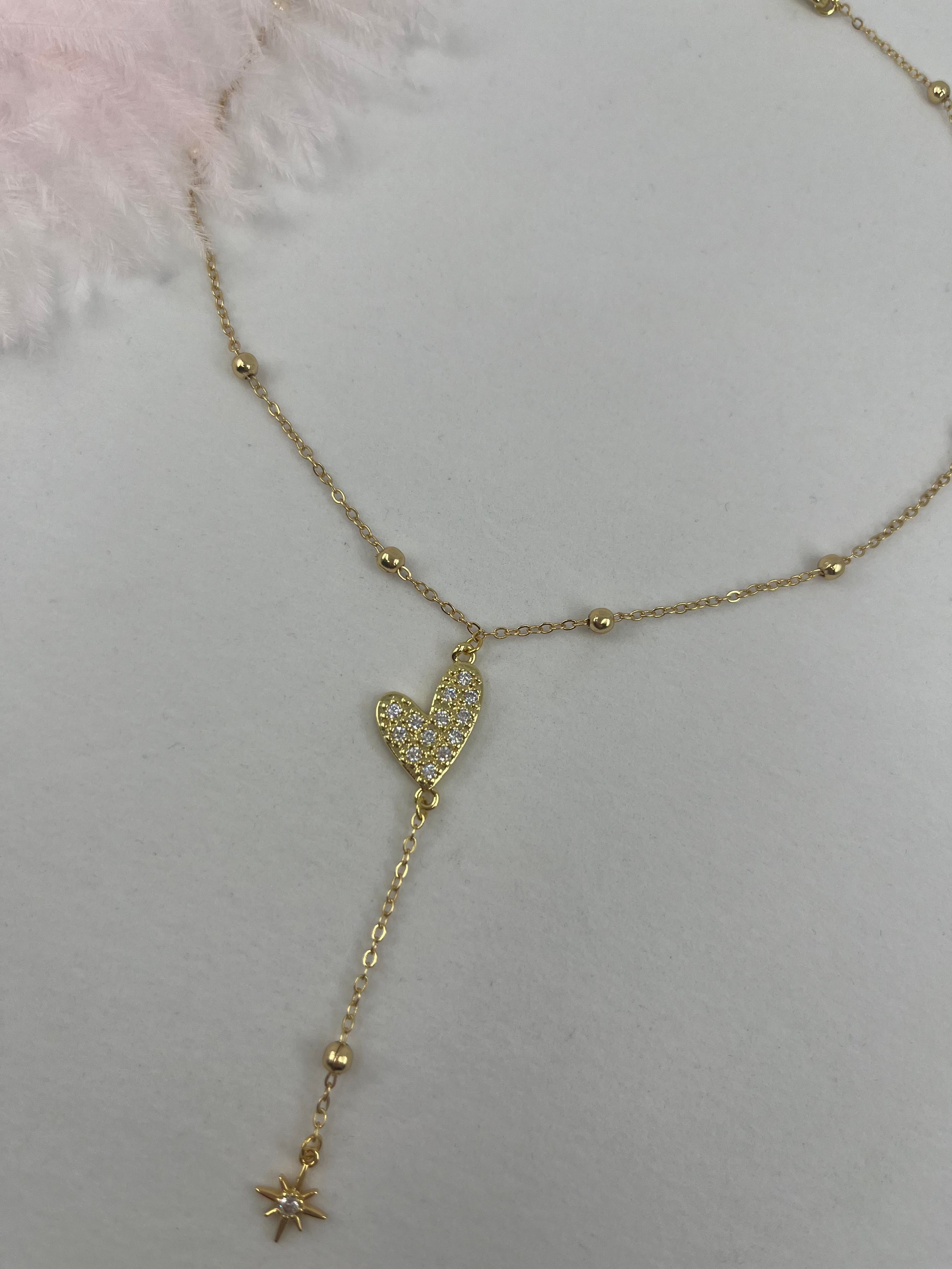 Lariat Y-Necklace, zirconia heart pendant 18k gold plated