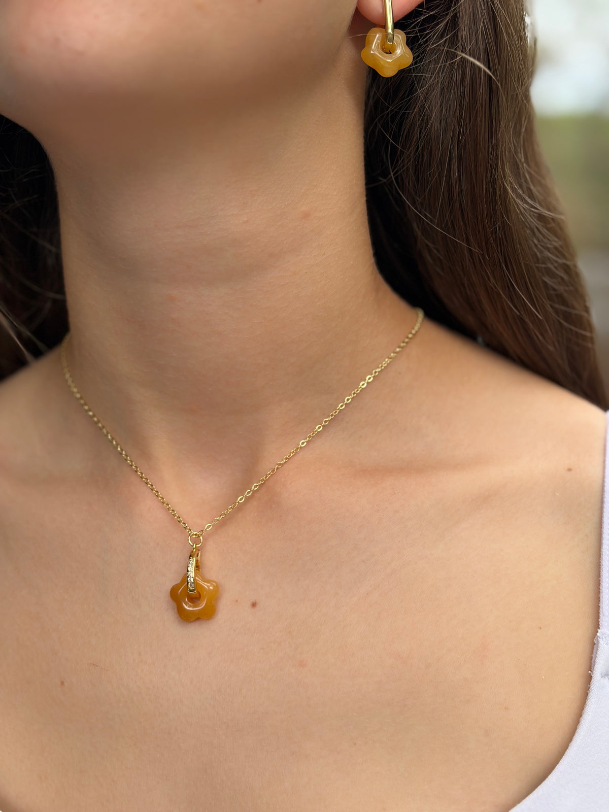 Yellow Jade flower Earrings and Necklace, 18K Gold Plated