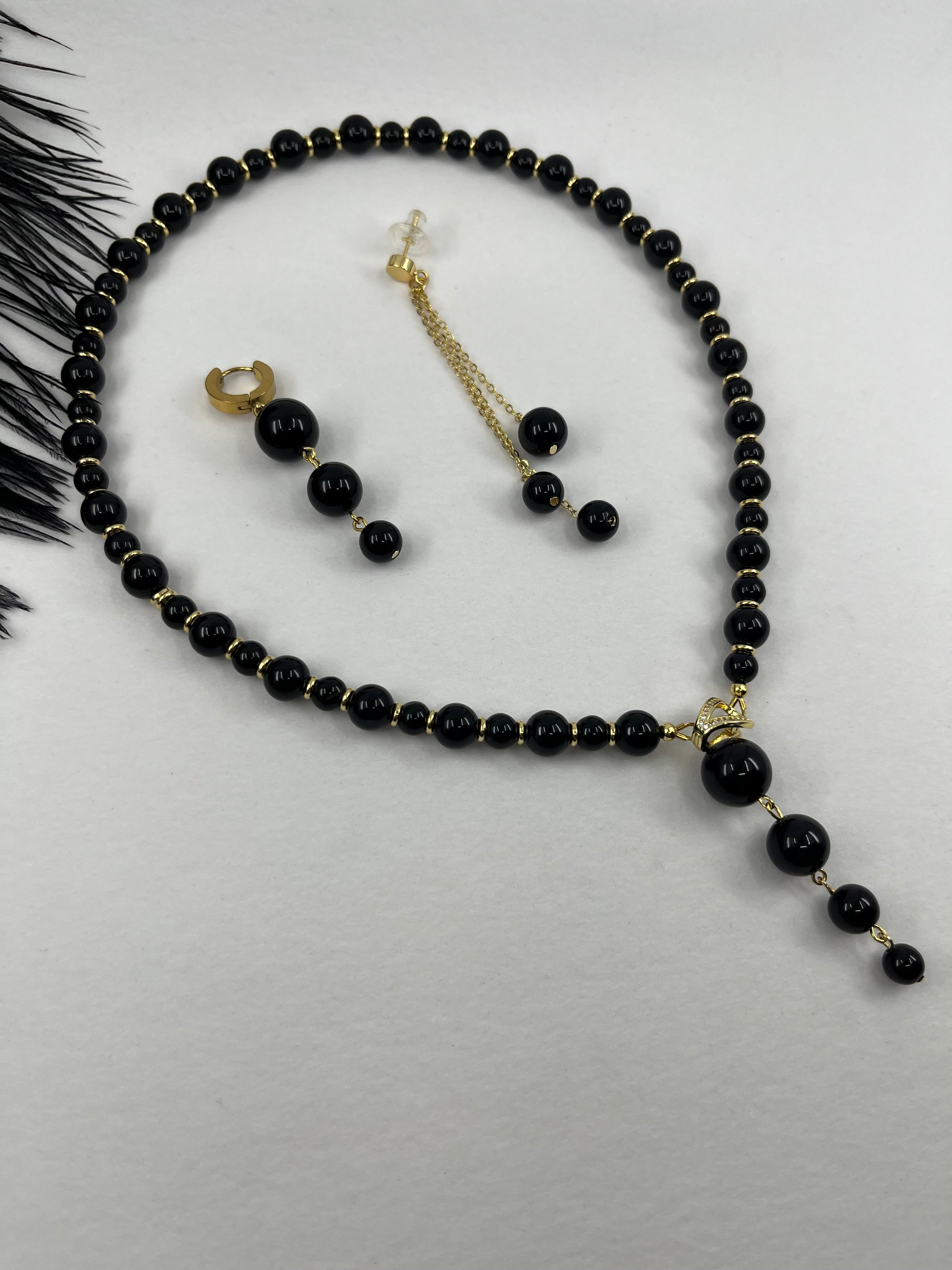 Set: Black Onyx Necklace and Earrings:18K Gold Plated