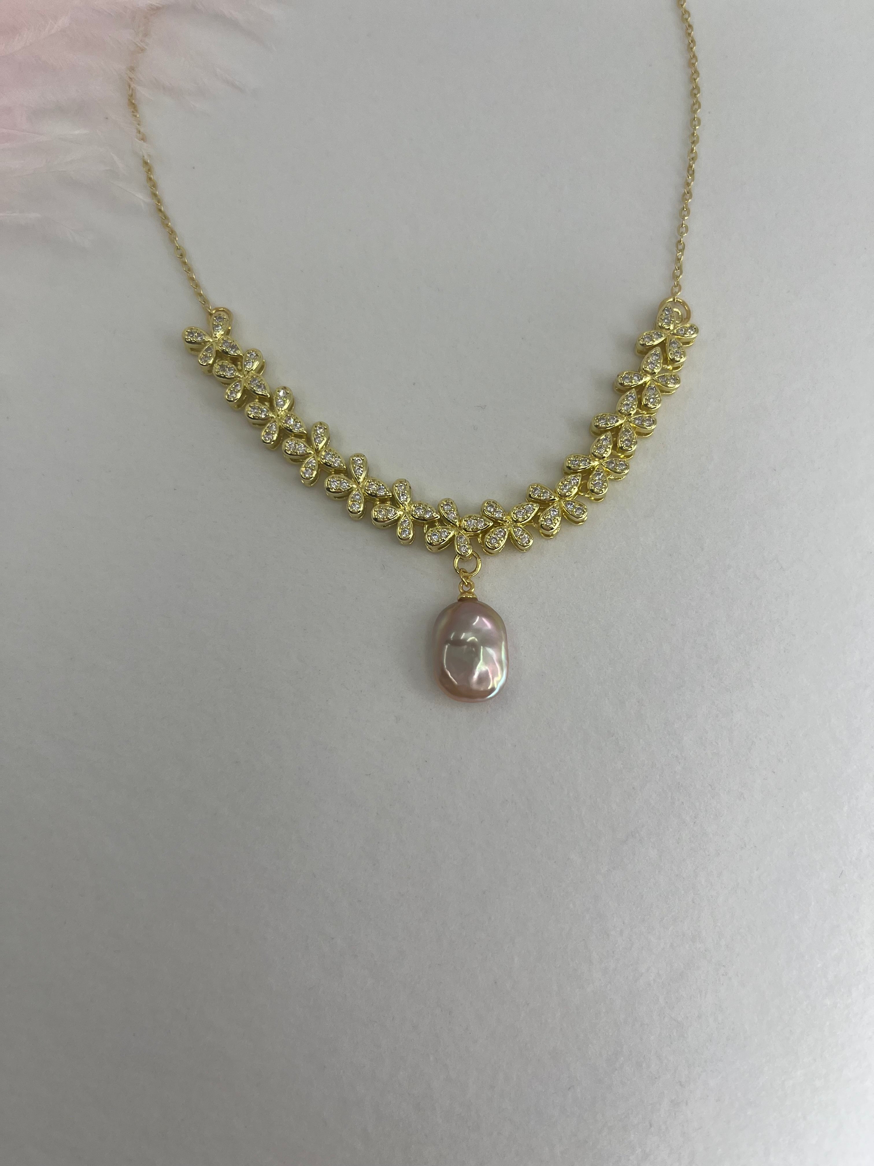 Baroque Pearl and zirconia Y-Necklace, 18k gold plated