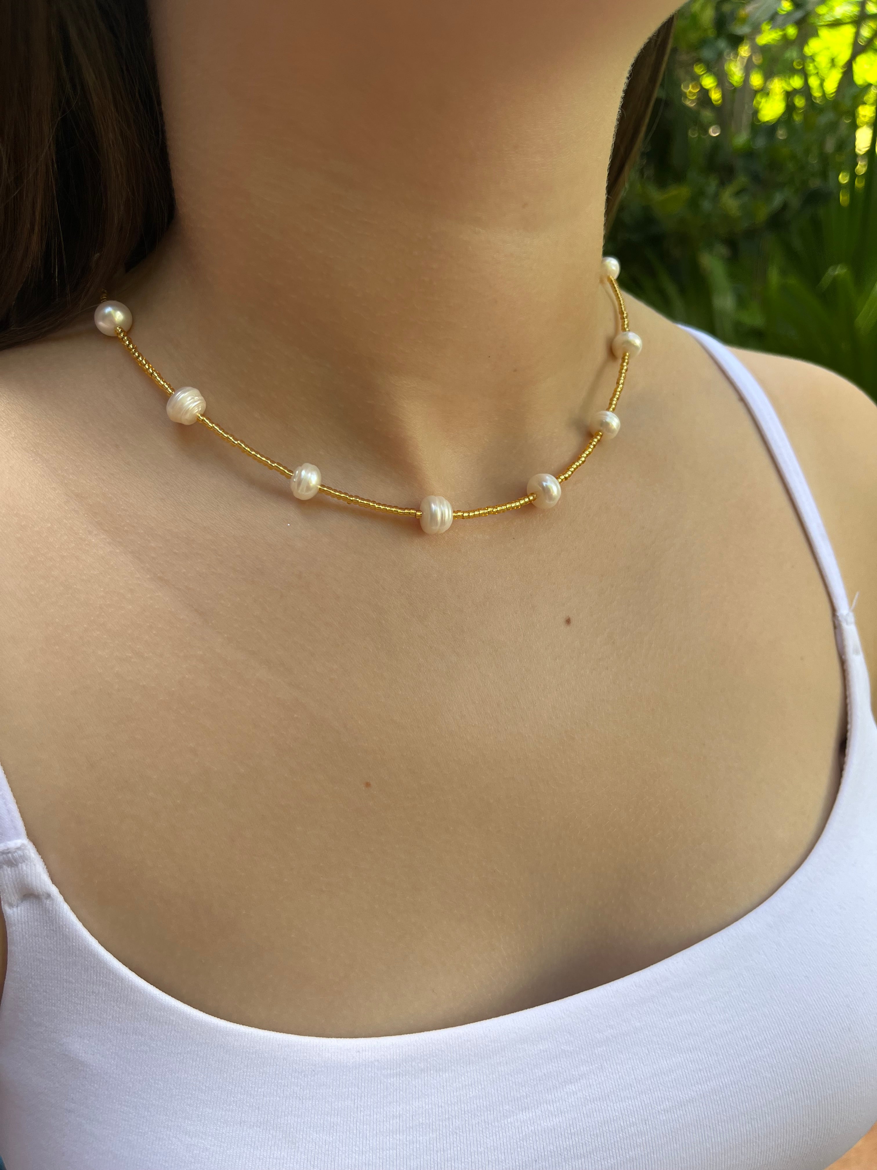 Freshwater Pearl & Miyuki Glass Bead Necklace – 18K Gold Plated Clasp