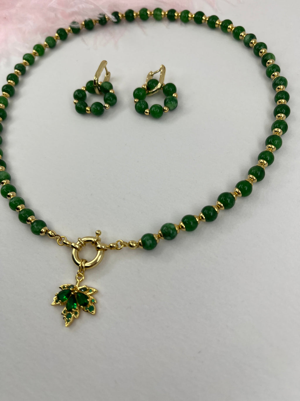 Natural Malaysia Jade Necklace with 18K Gold maple leaf pendant