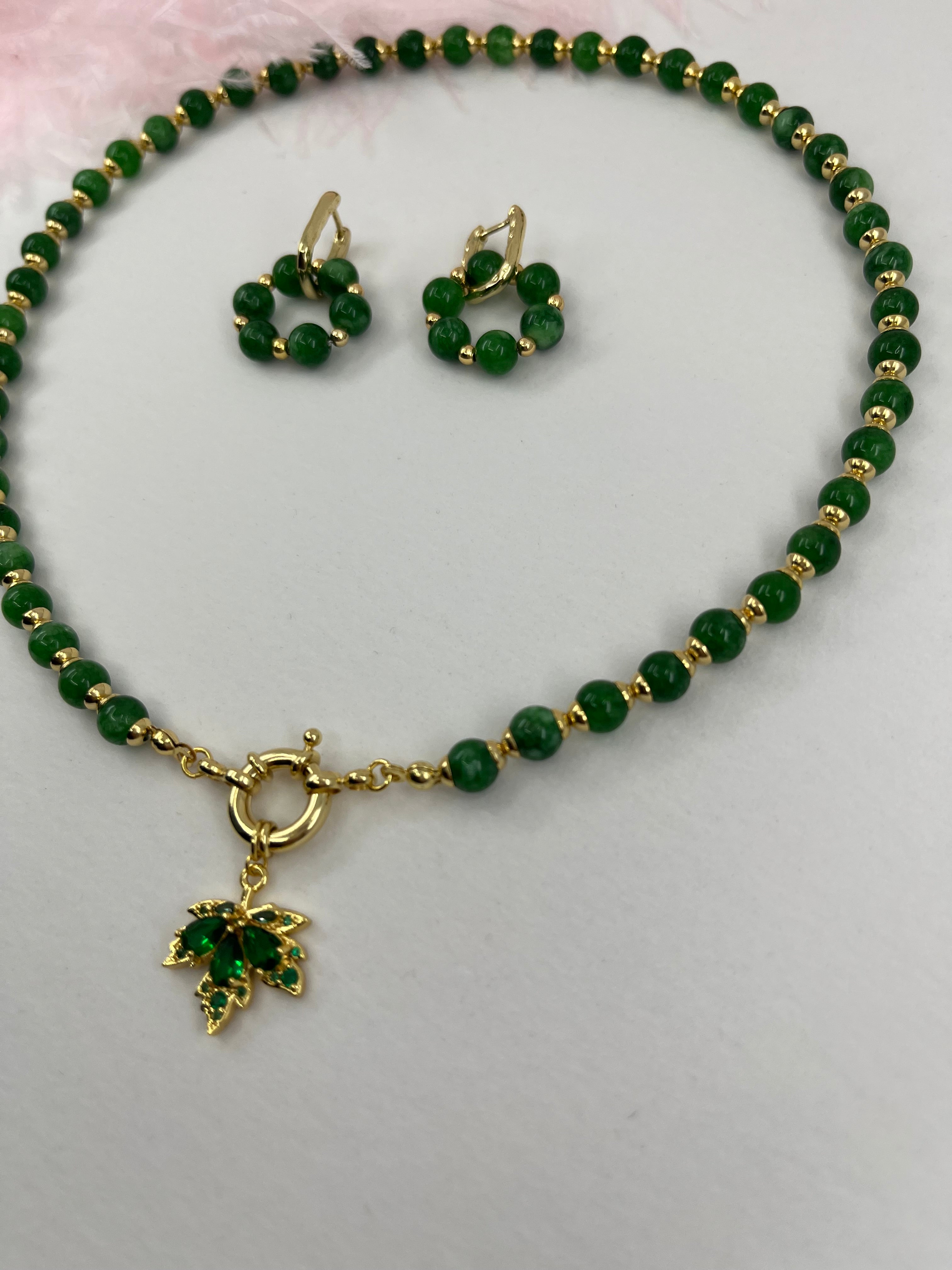 Natural Malaysia Jade Necklace with 18K Gold maple leaf pendant