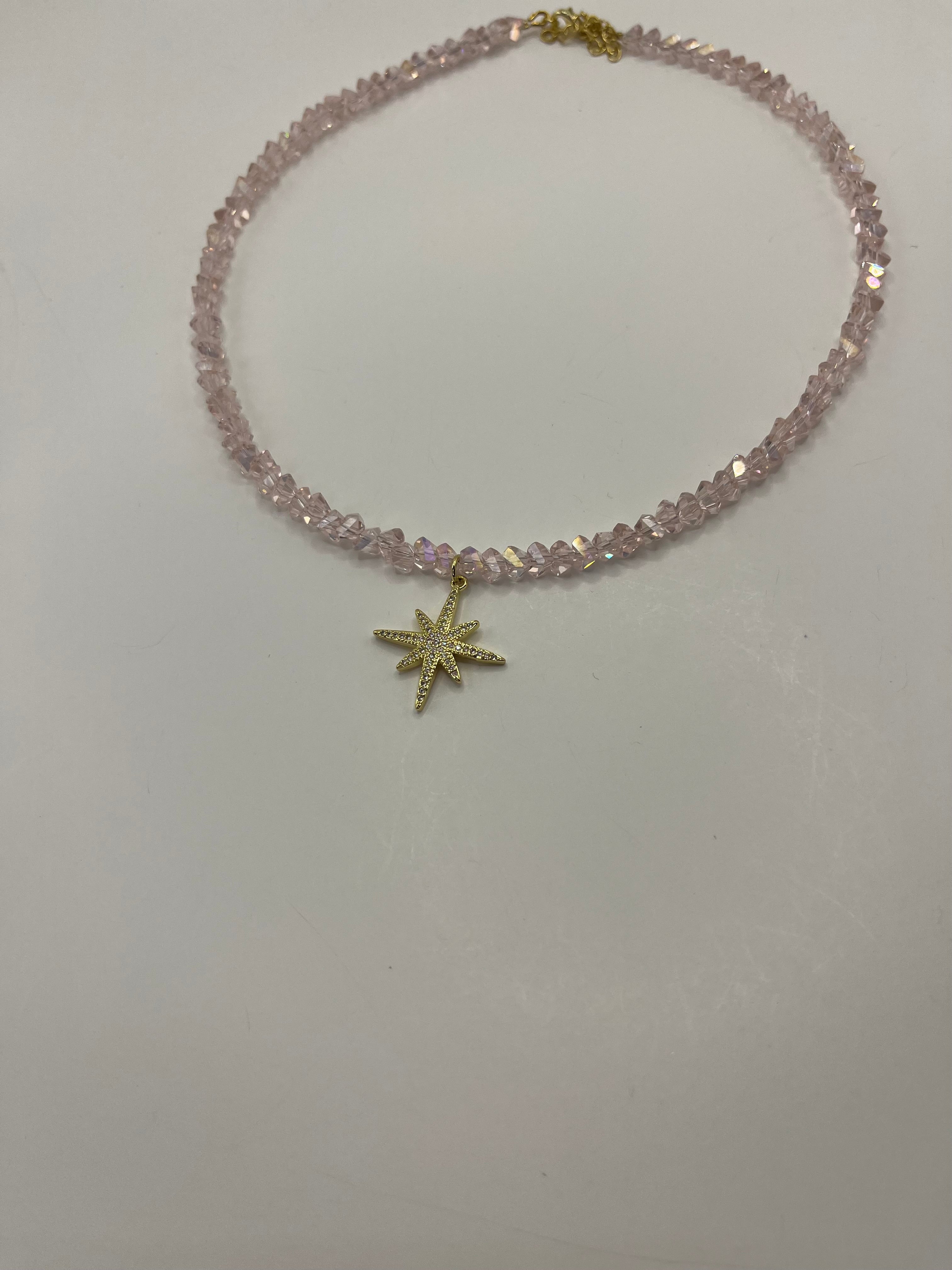 Crystal Glass Bead Choker: 18K Gold Star Pendant