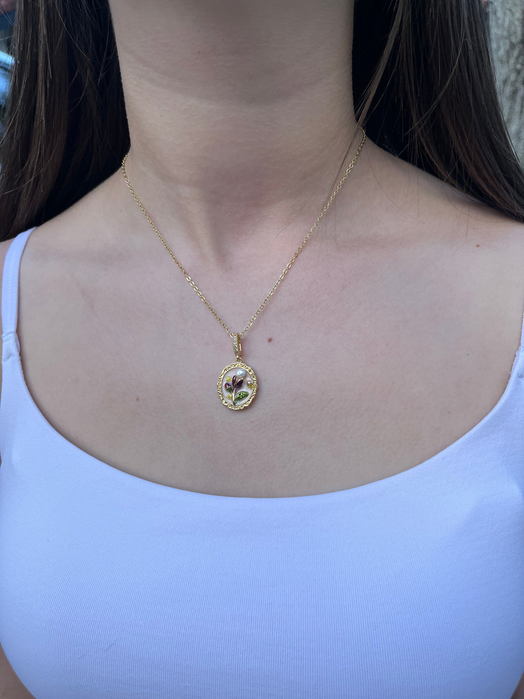 18K Gold Flower Enamel Pearl Pendant Necklace