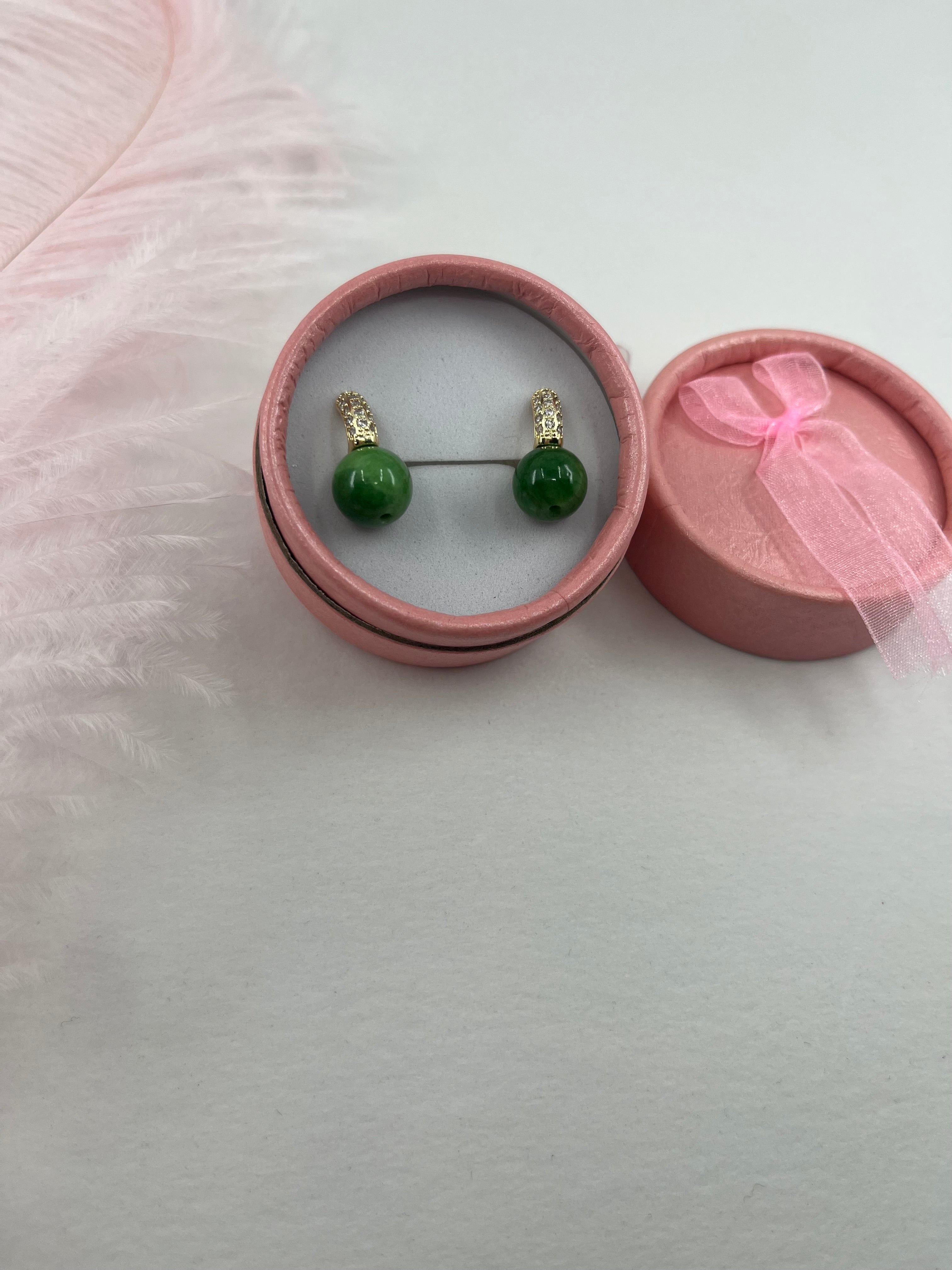 Natural Green Jade Gold Zirconia Earrings