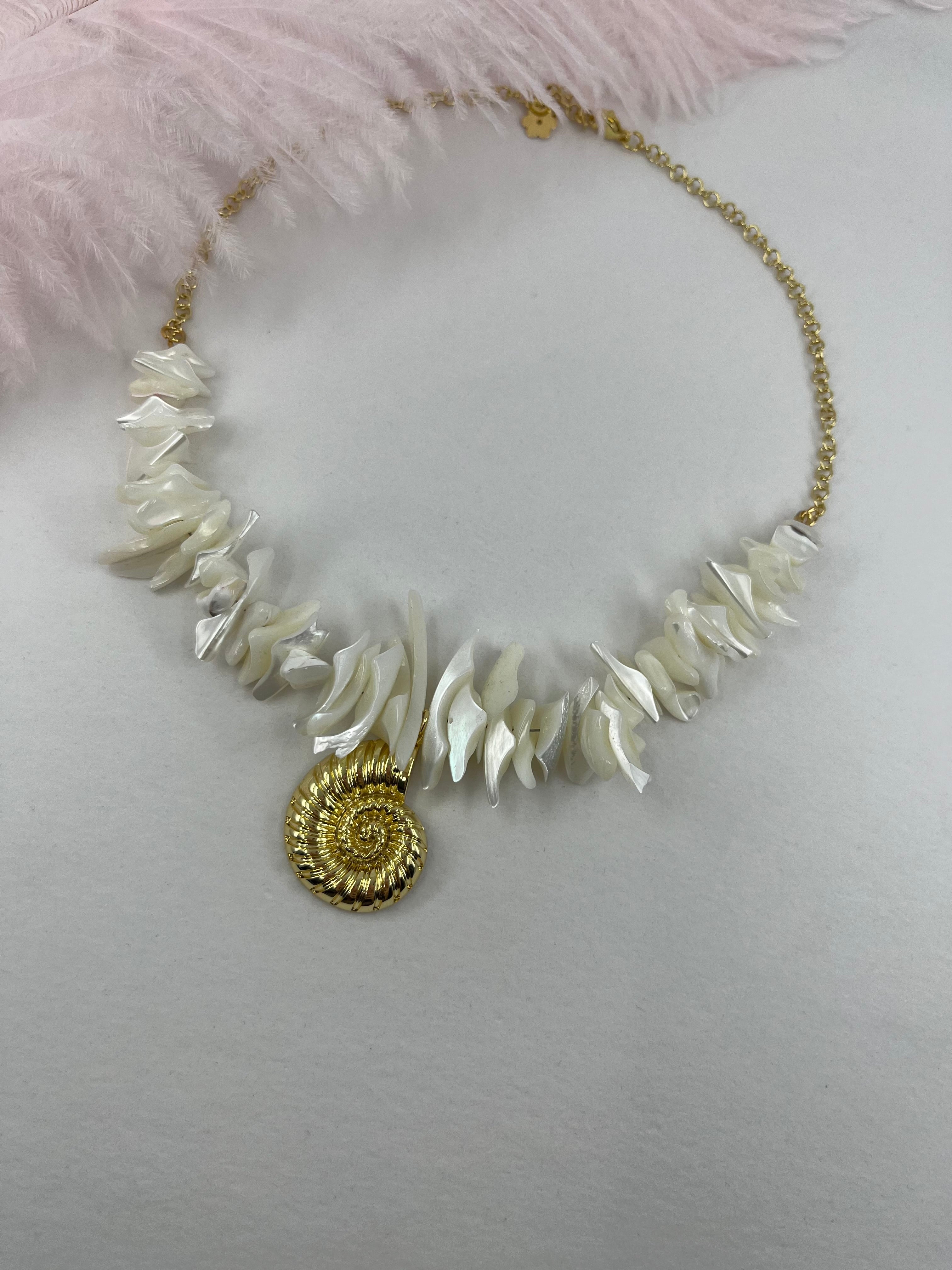 Natural Trochid Shell Necklace with Conch Charm, 18K Gold Plated