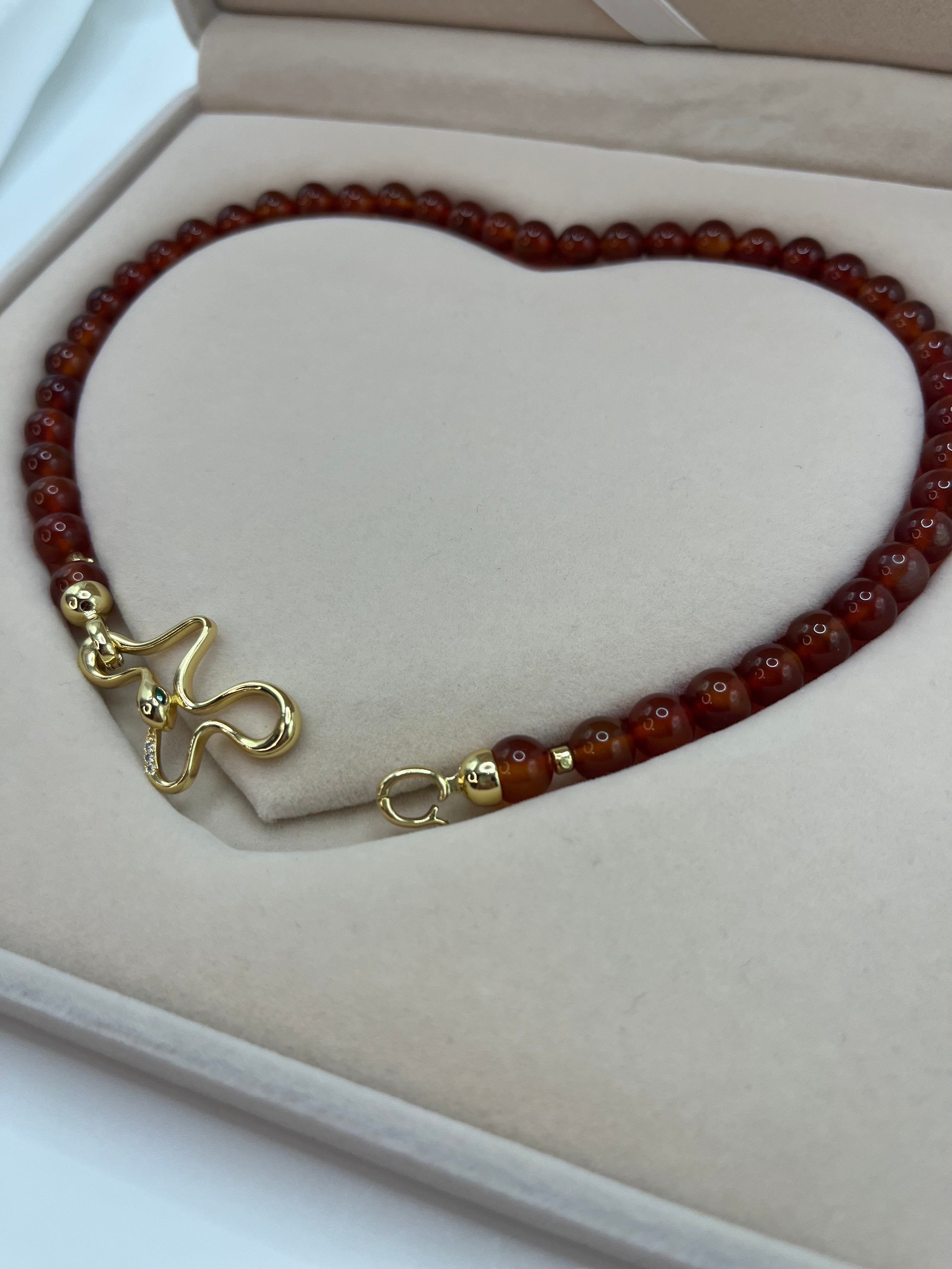 Natural Carnelian Necklace with 18K Gold Snake Clasp