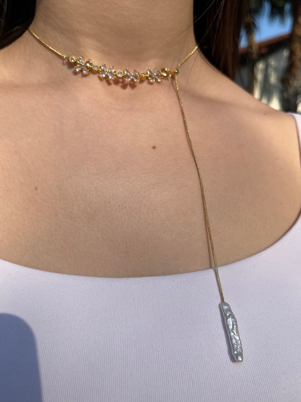 Baroque Pearl and zirconia Y-Necklace, 18k gold plated