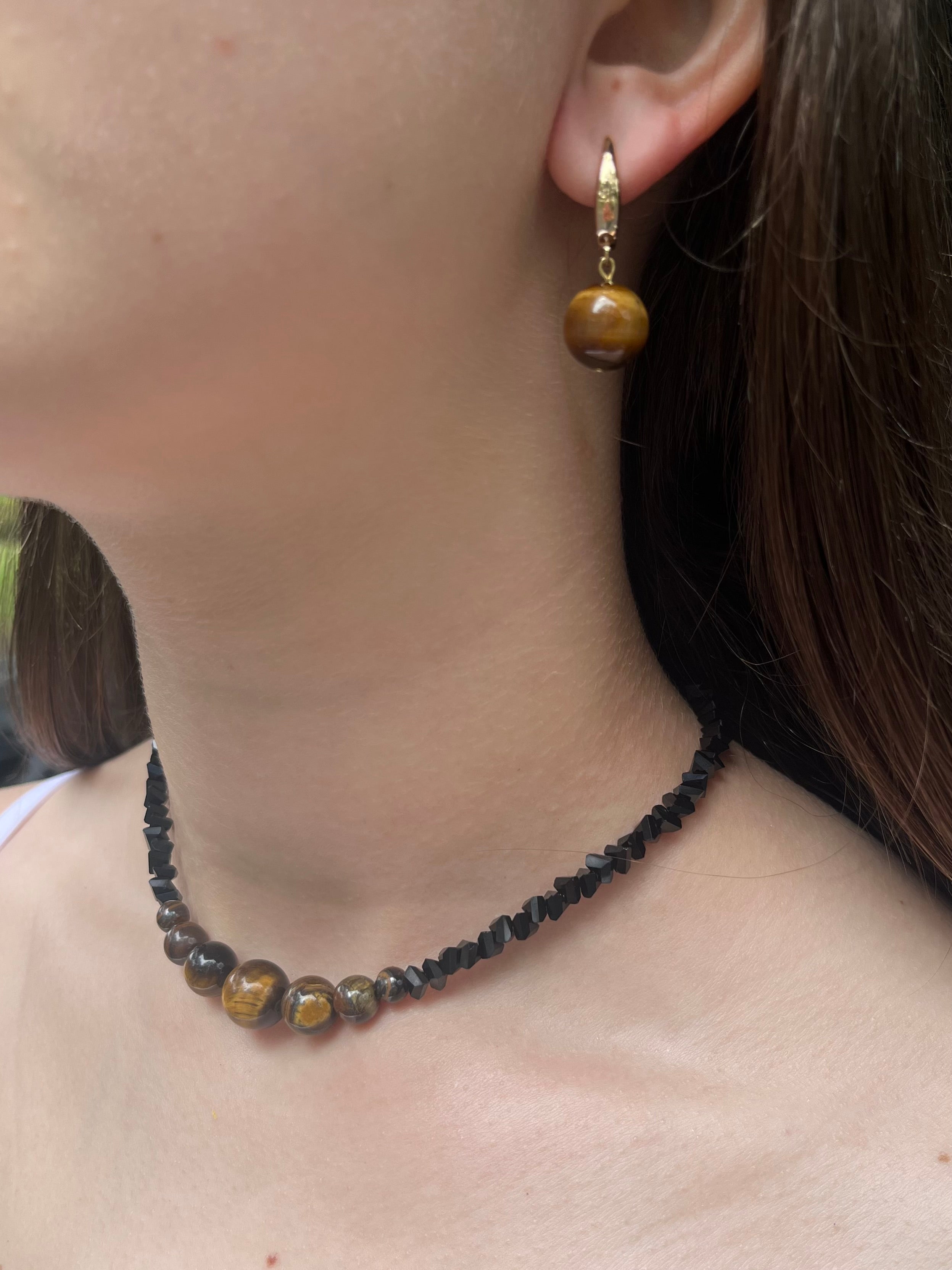 Set: Black Crystal Choker Necklace with Tiger Eye and earrings