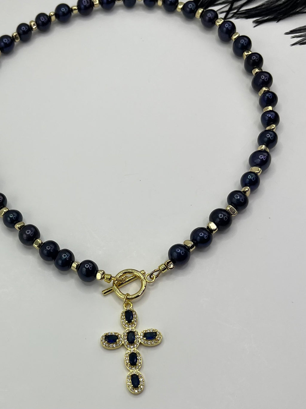 Blue Pearl Choker Necklace with Cross pendant: 18K Gold Plated