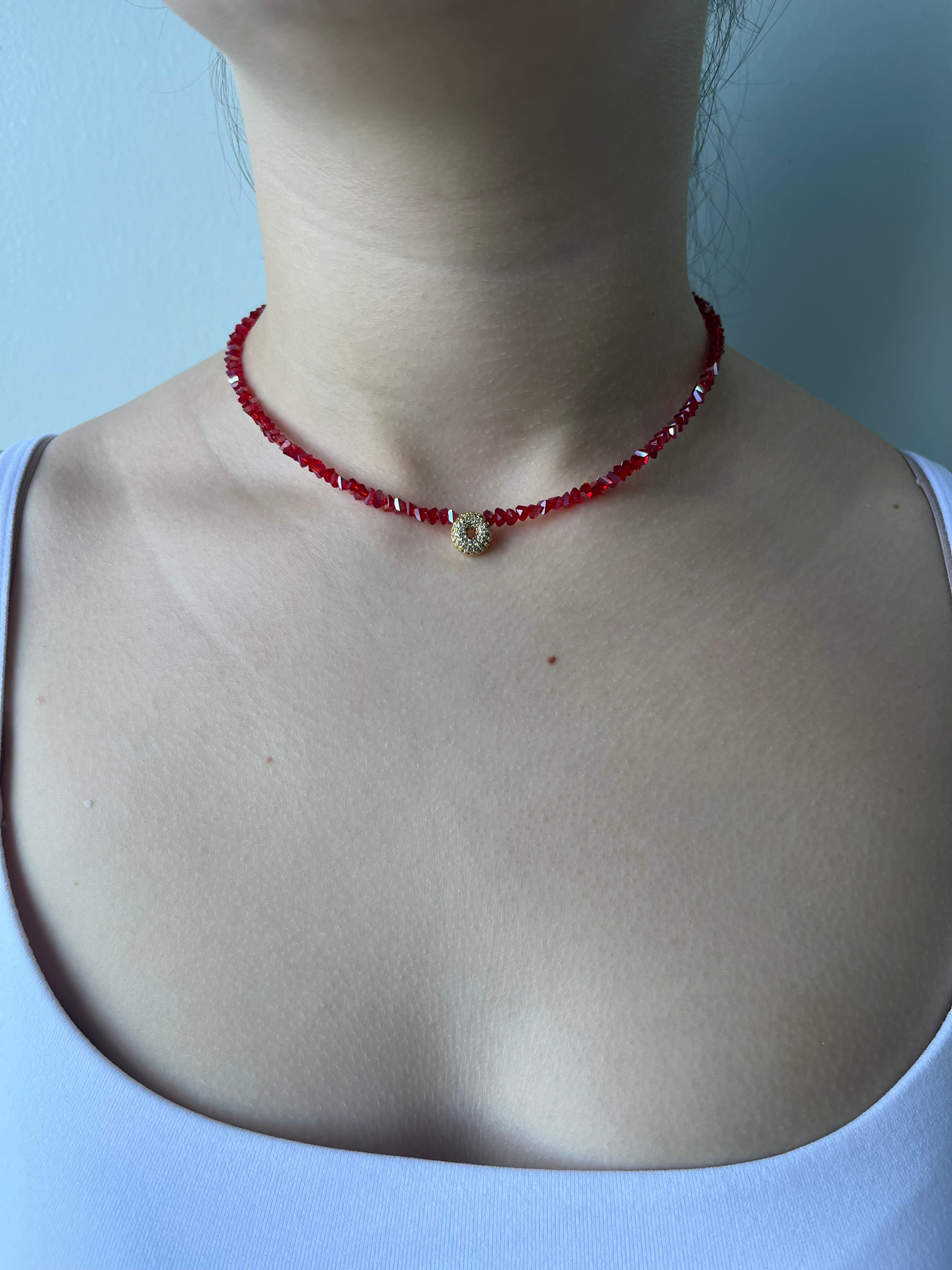 Initial Charm Red Crystal Necklace – 18K Gold Plated, Cubic Zirconia