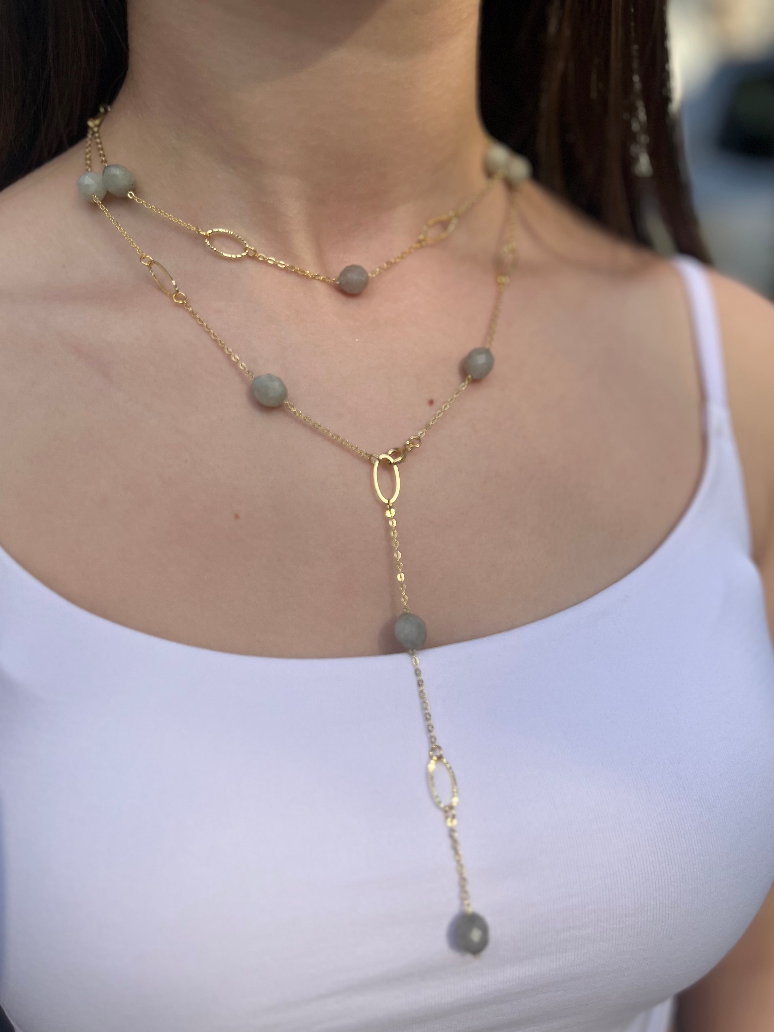 Layered Long Natural Malaysia Jade Necklace with 18K Gold chain