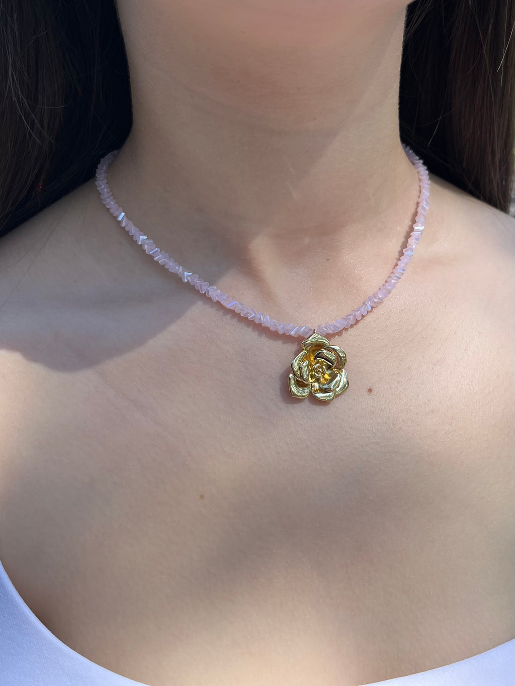 Crystal Pink Glass Bead Choker: 18K Gold Rose Pendant