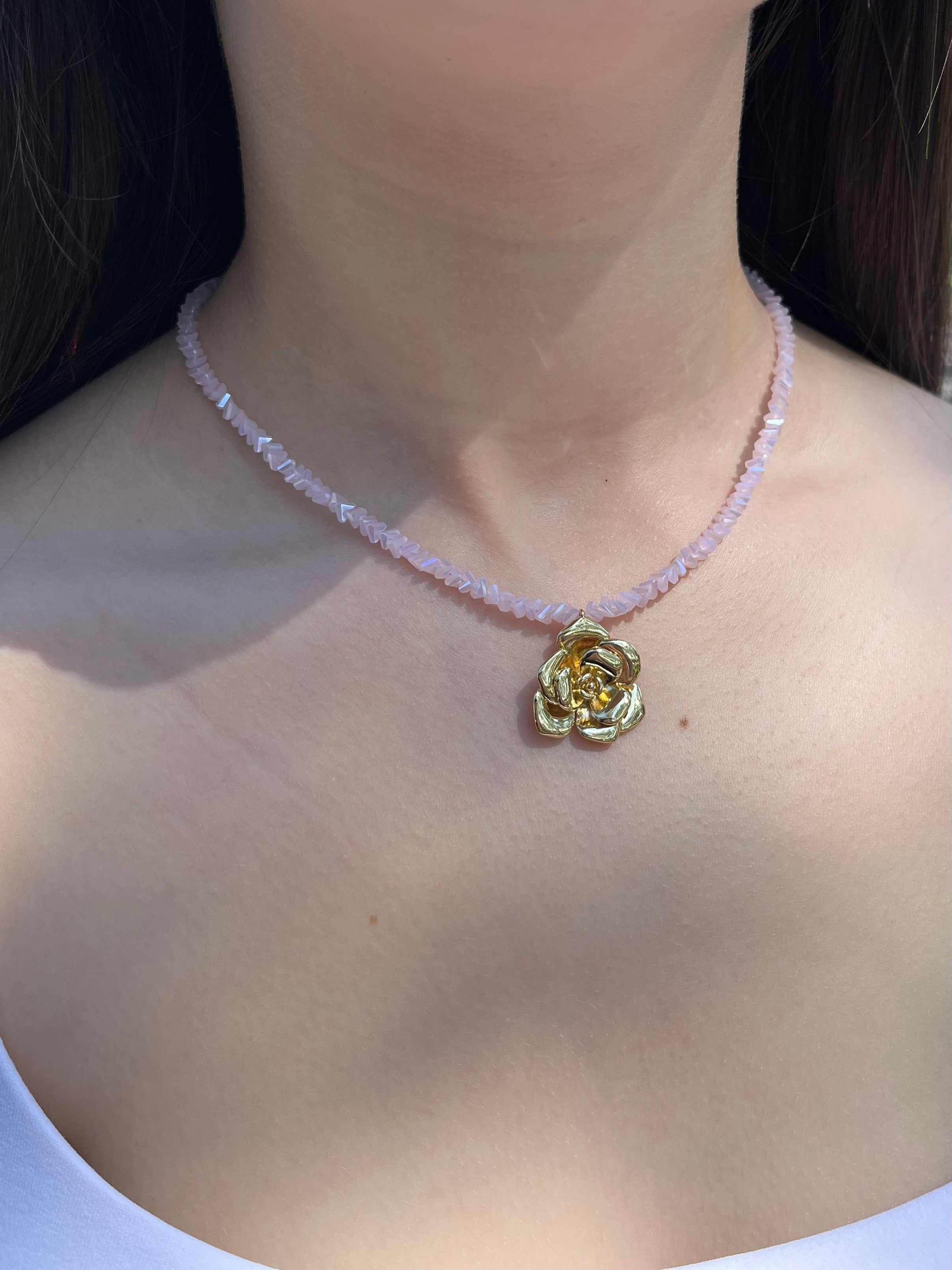 Crystal Pink Glass Bead Choker: 18K Gold Rose Pendant