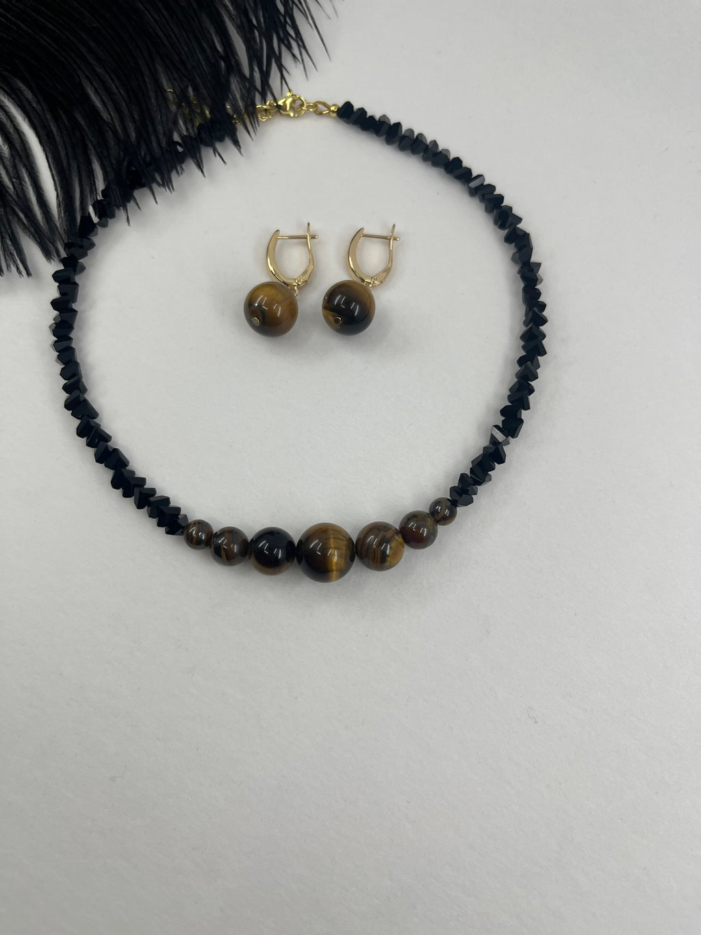 Set: Black Crystal Choker Necklace with Tiger Eye and earrings