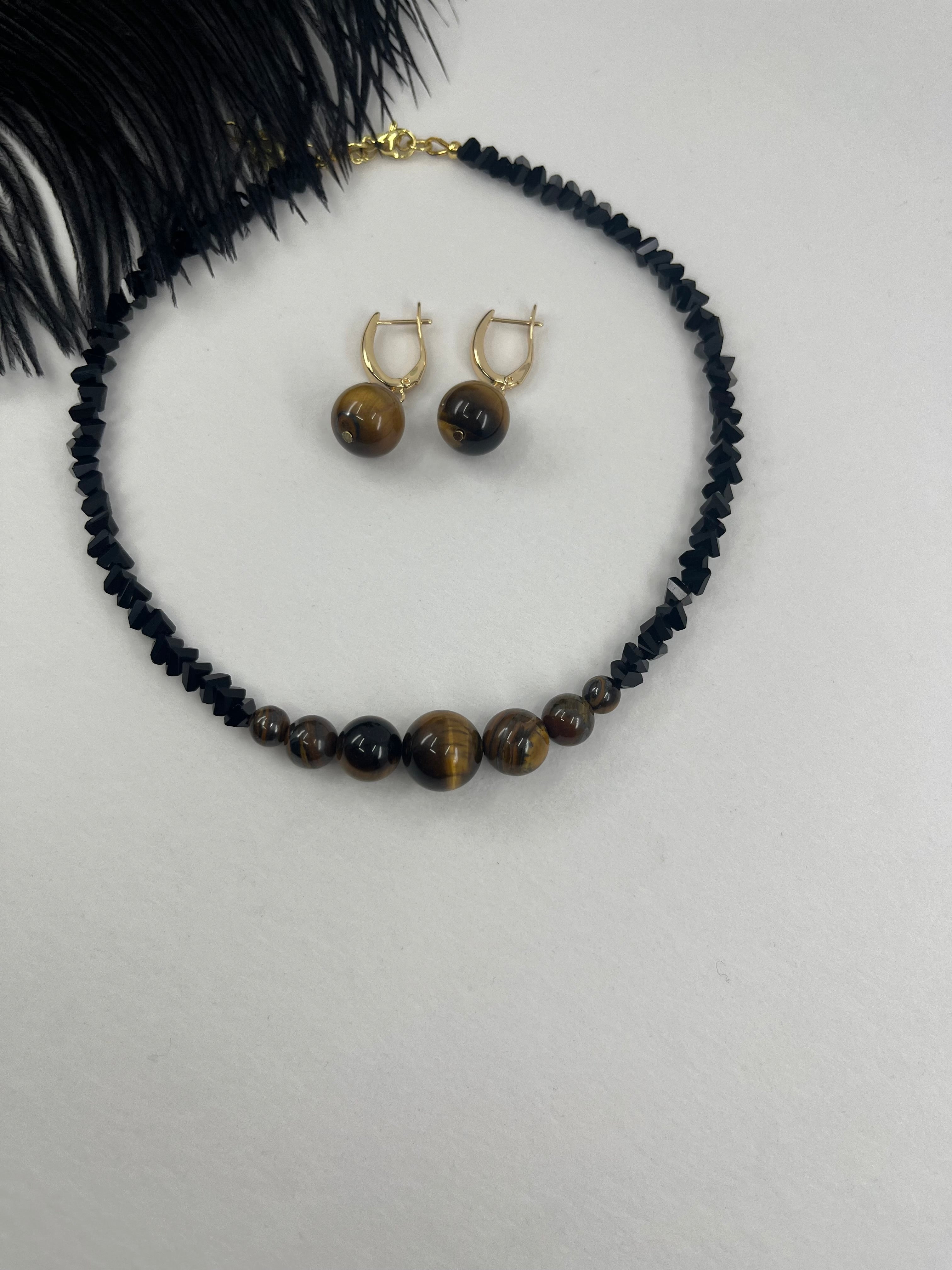 Set: Black Crystal Choker Necklace with Tiger Eye and earrings