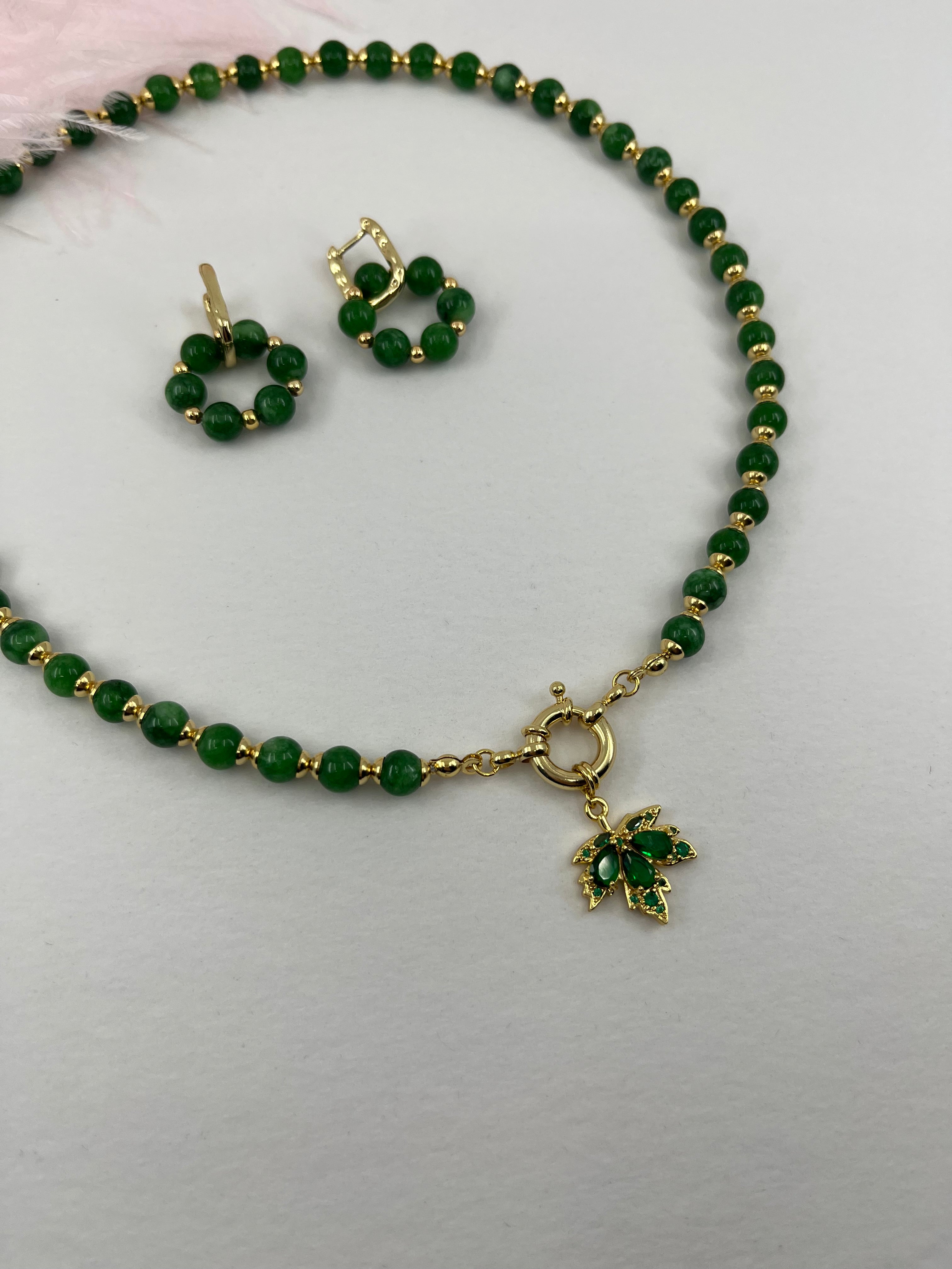 Natural Malaysia Jade Necklace with 18K Gold maple leaf pendant
