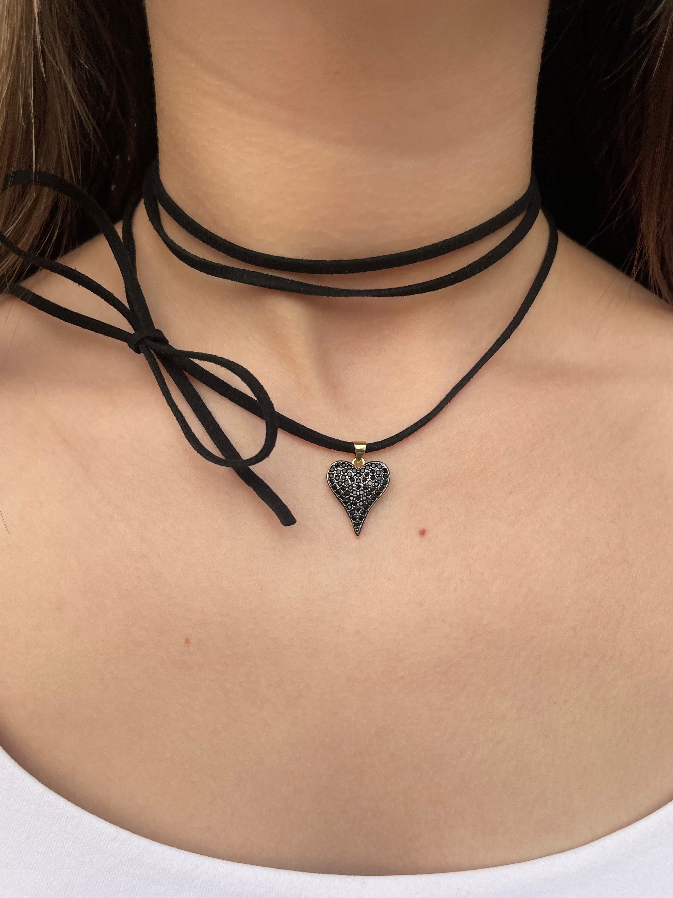 Black Suede Bow Tie Wrap Choker, 18K gold Pendant Necklace