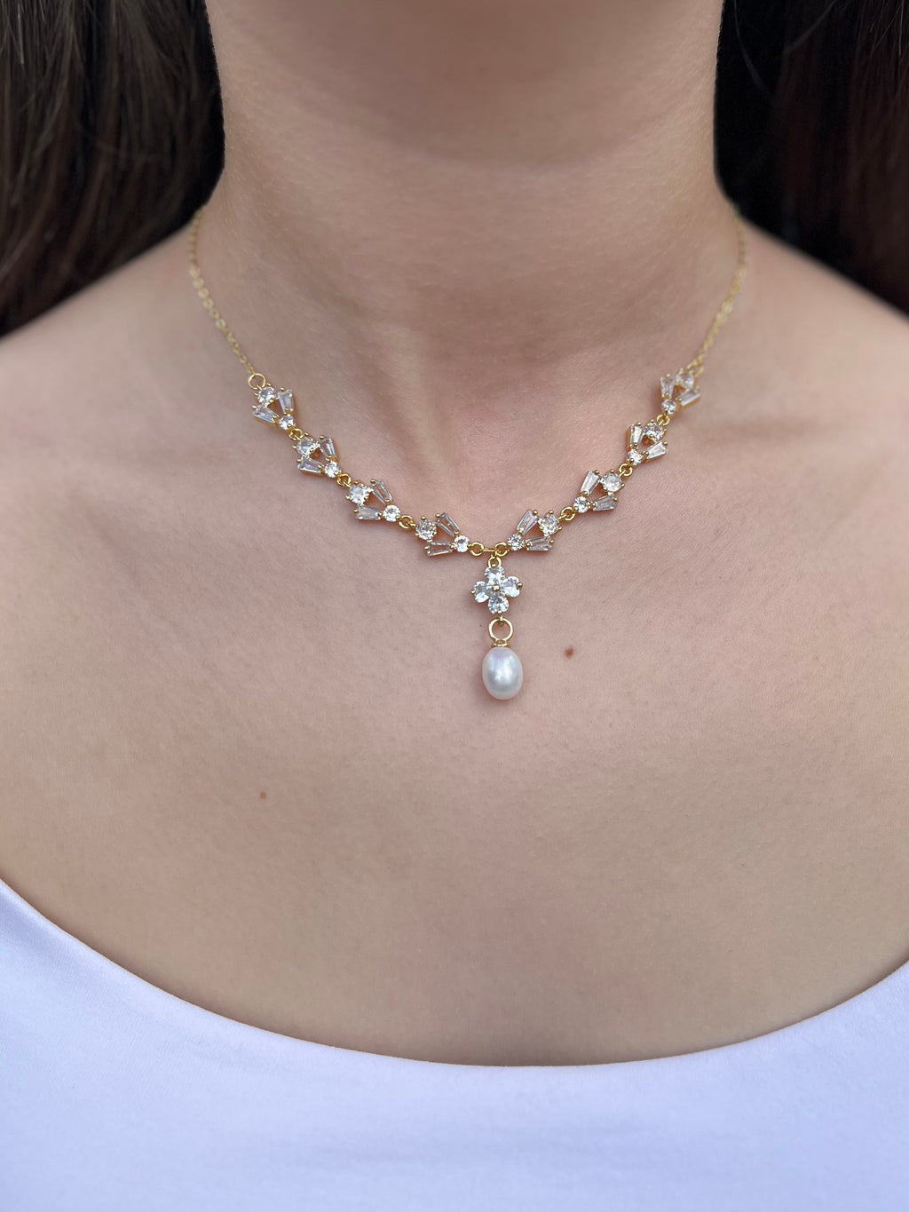 Natural Pearl & Zirconia Necklace with Earrings – 18K Gold Plated, Gift Box