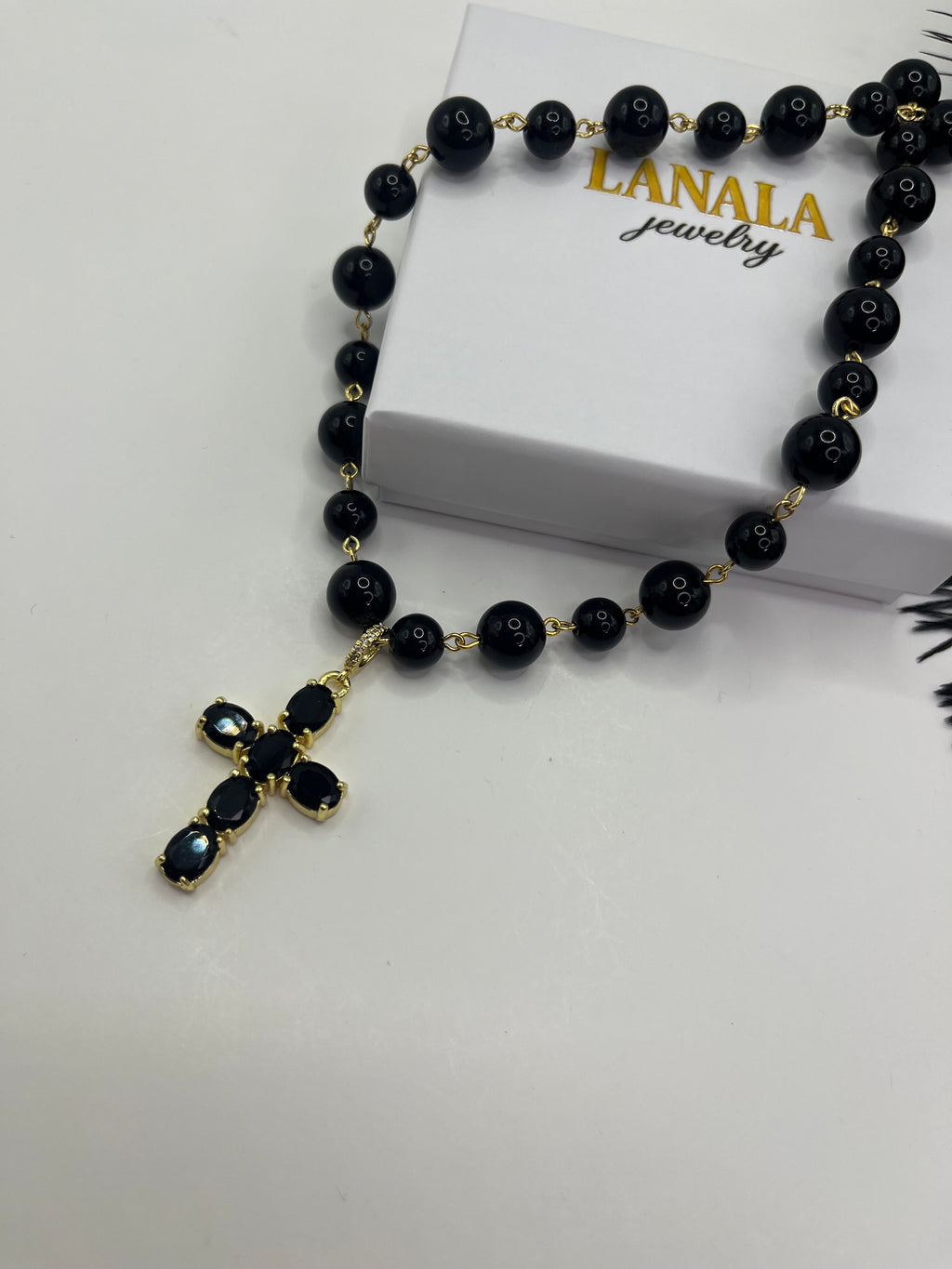 Black Onyx Necklace– 18K Gold Plated Zirconia Cross