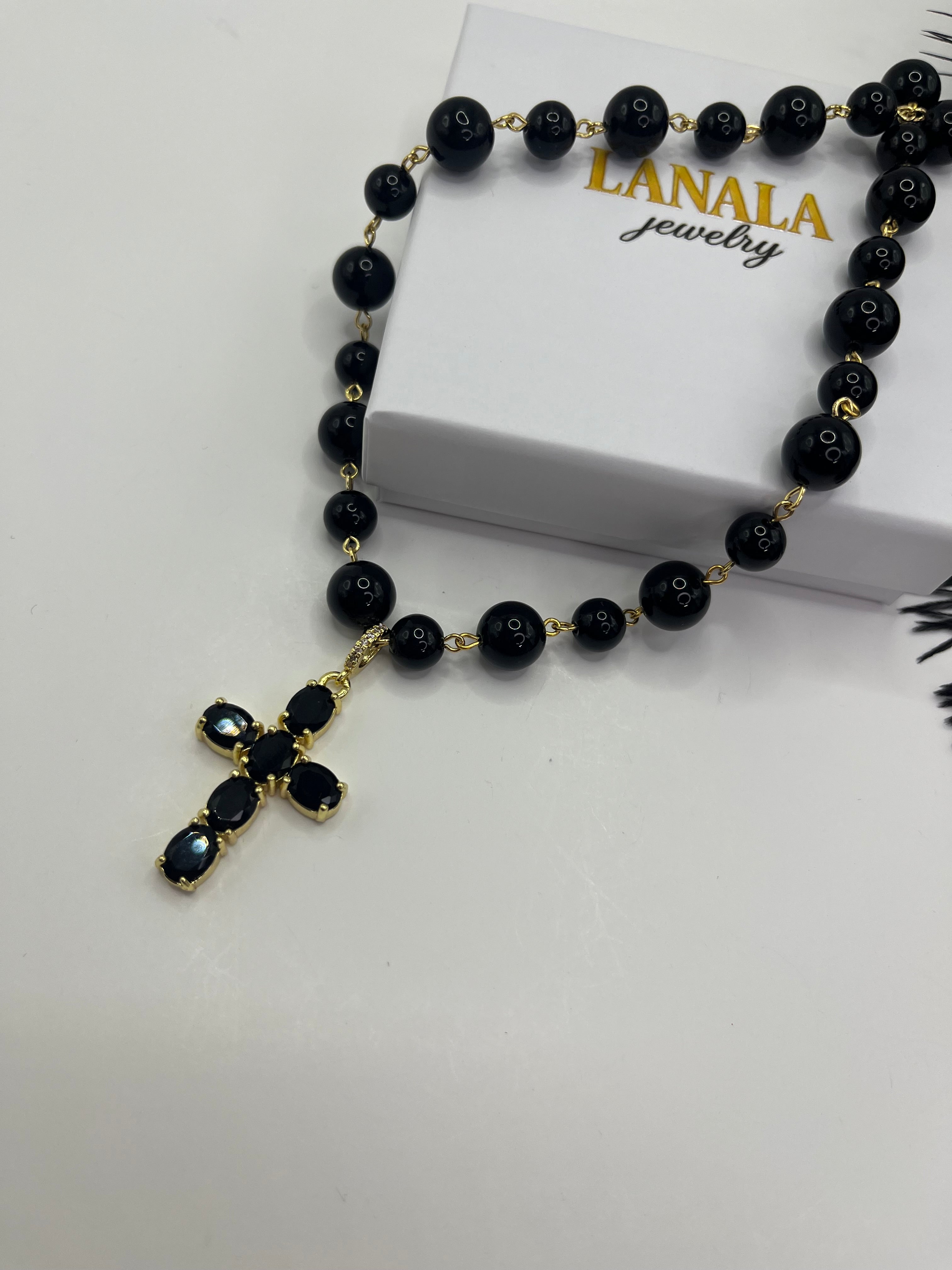 Black Onyx Necklace– 18K Gold Plated Zirconia Cross
