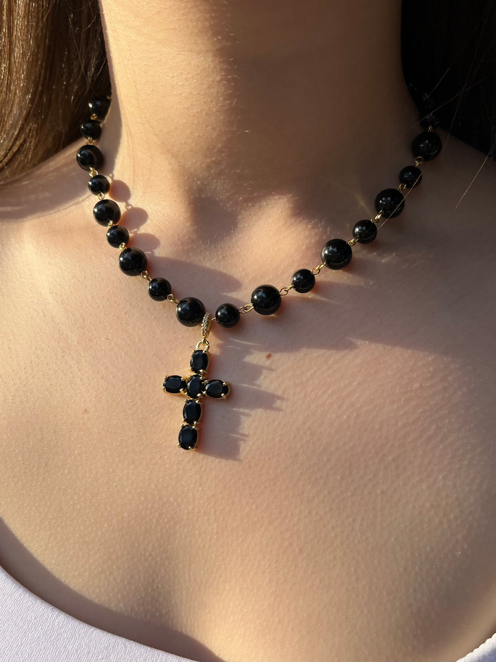 Black Onyx Necklace– 18K Gold Plated Zirconia Cross