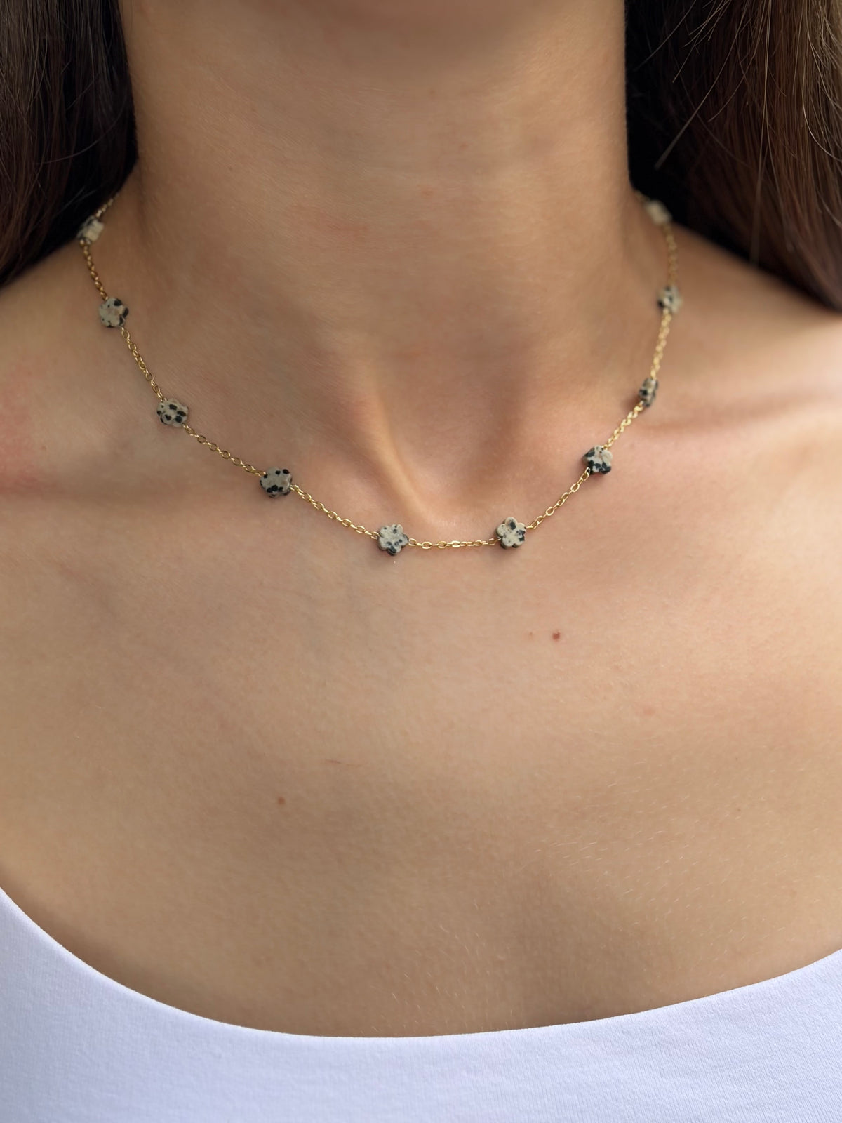 Dalmatian jasper flower Earrings and Necklace, 18K Gold Plated