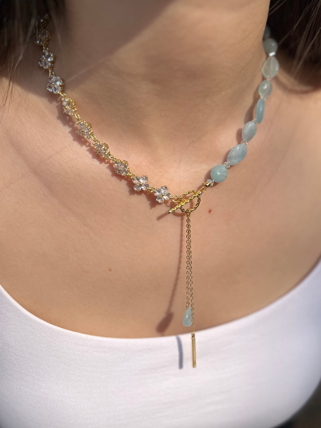 Asymmetrical Aquamarine Y-Necklace, zirconia chain, Bar pendant