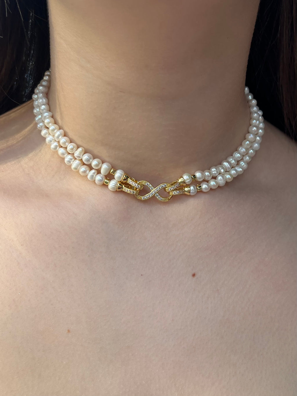 Pearl Choker Necklace : 18K Gold Plated Zirconia Clasp