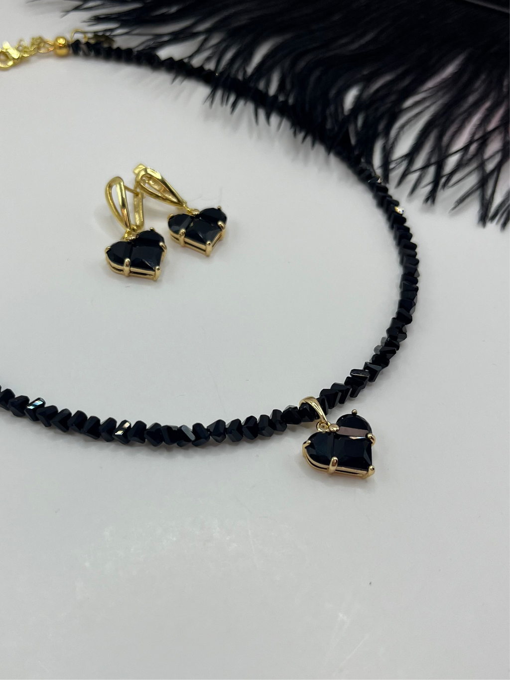 Set: Heart Black Crystal Choker Necklace and Earrings – 18K Gold Plated, Cubic Zirconia, Nickel Free