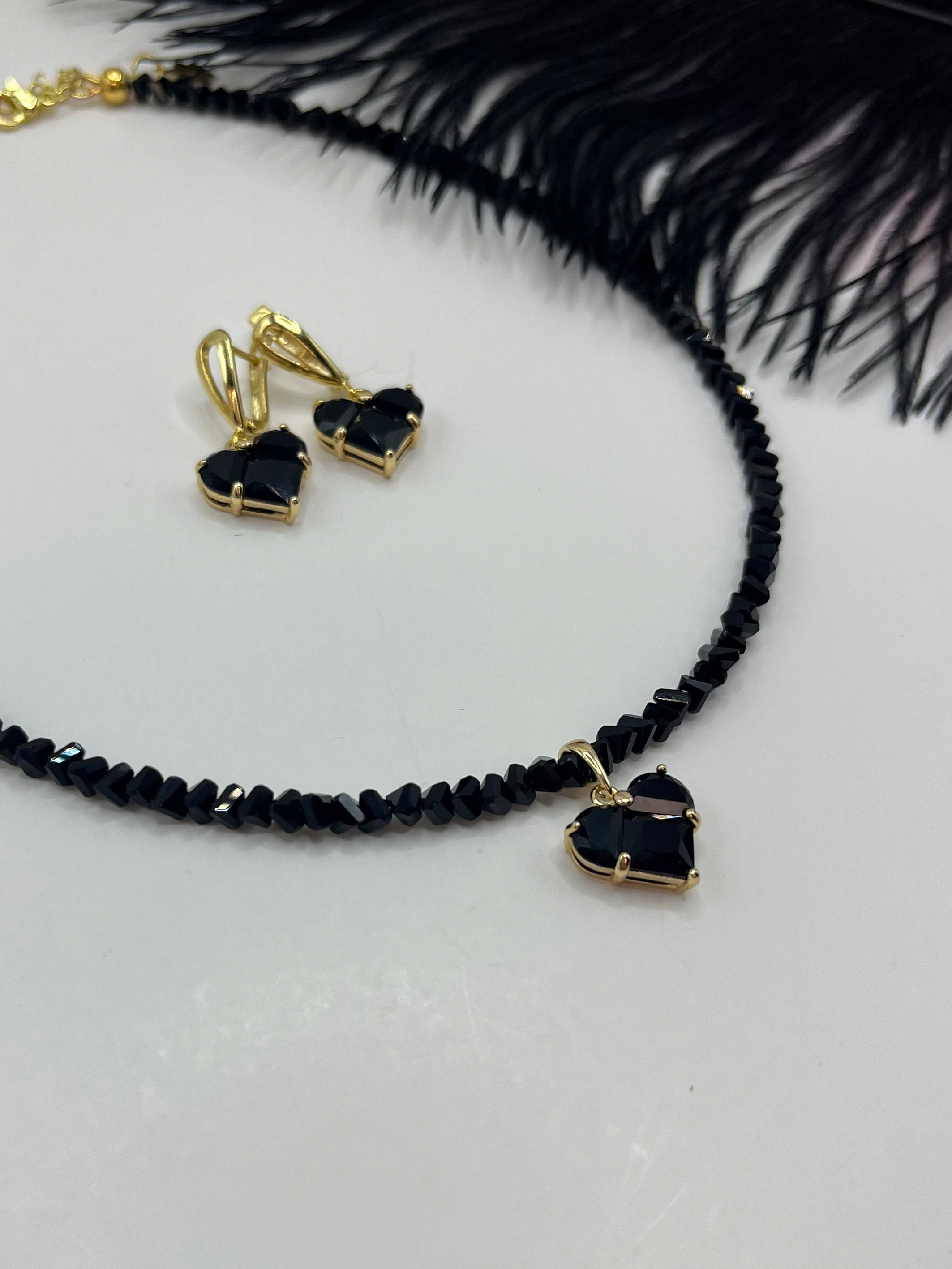 Set: Heart Black Crystal Choker Necklace and Earrings – 18K Gold Plated, Cubic Zirconia, Nickel Free