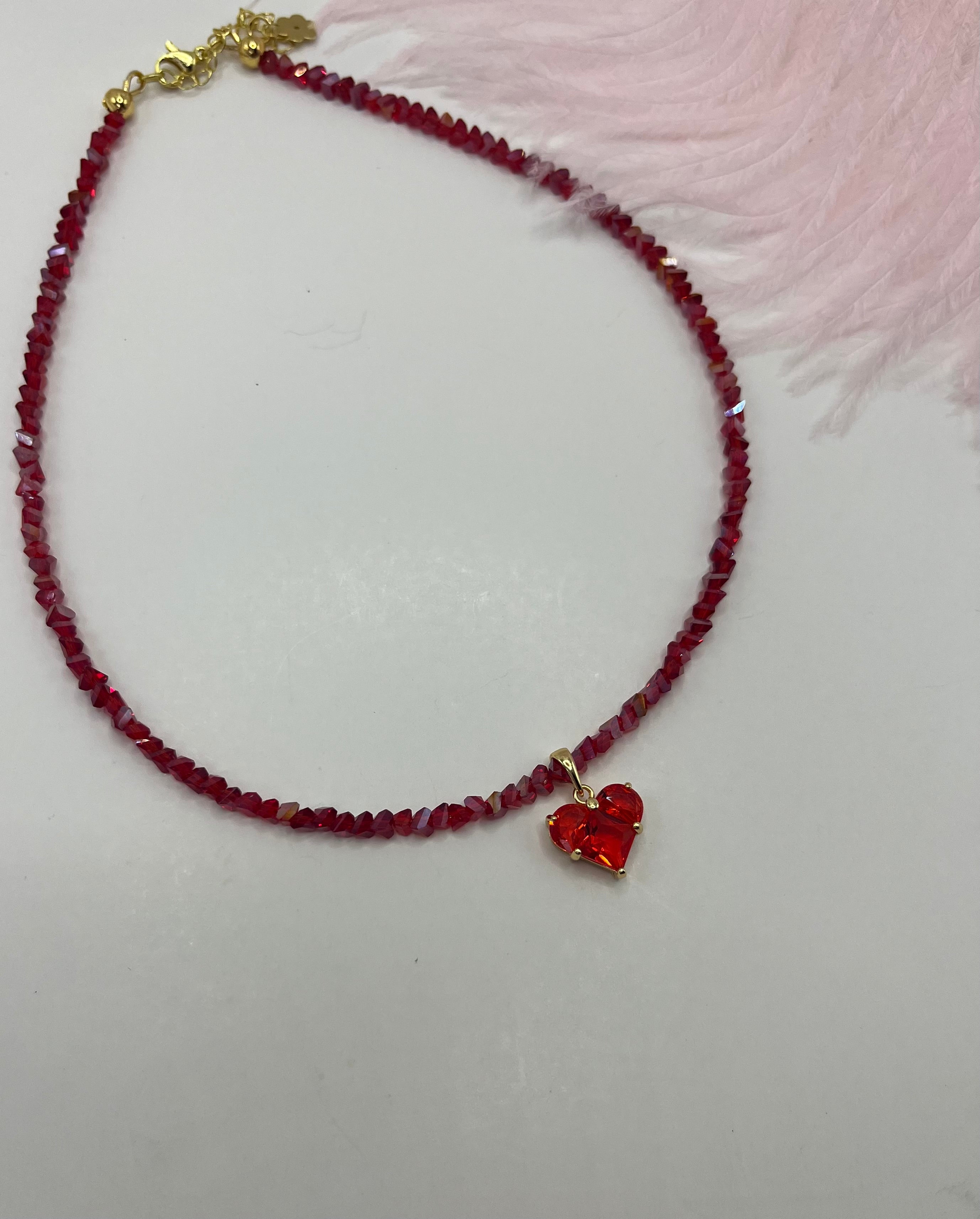 Crystal Red Glass Bead Choker: 18K Gold Heart Pendant