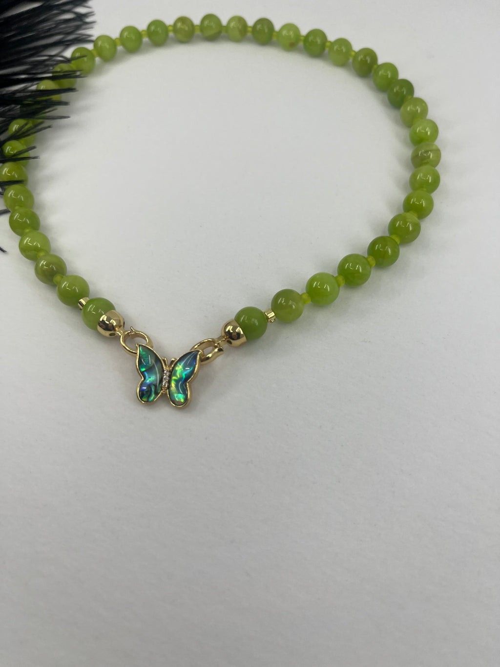 Natural Light Green Jade Necklace with 18K Gold Butterfly Clasp