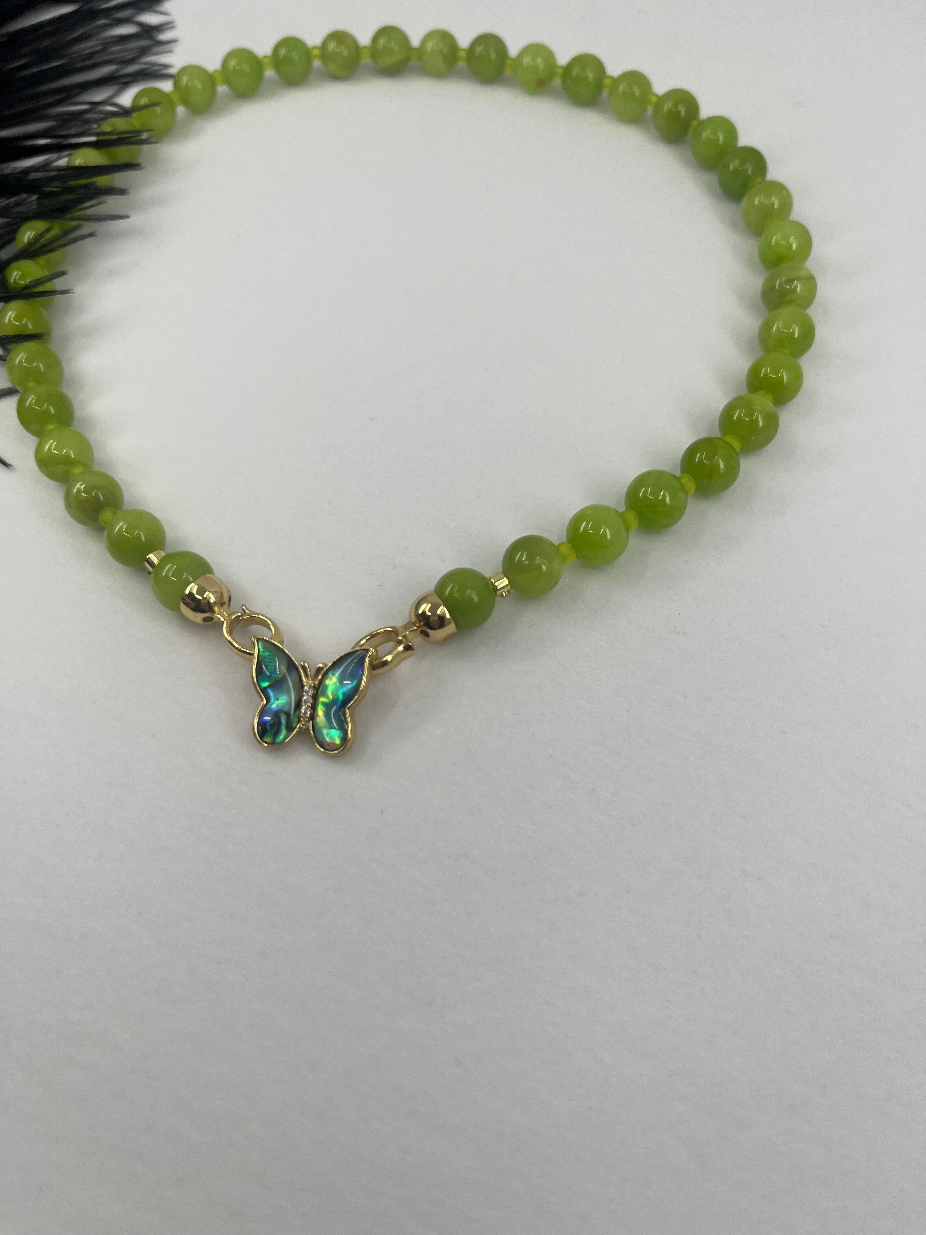 Natural Light Green Jade Necklace with 18K Gold Butterfly Clasp