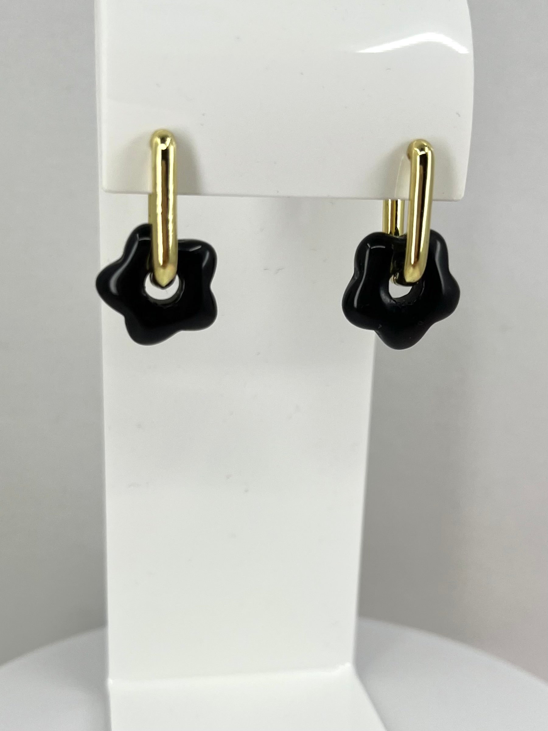 Obsidian flower Earrings, 18K Gold Plated