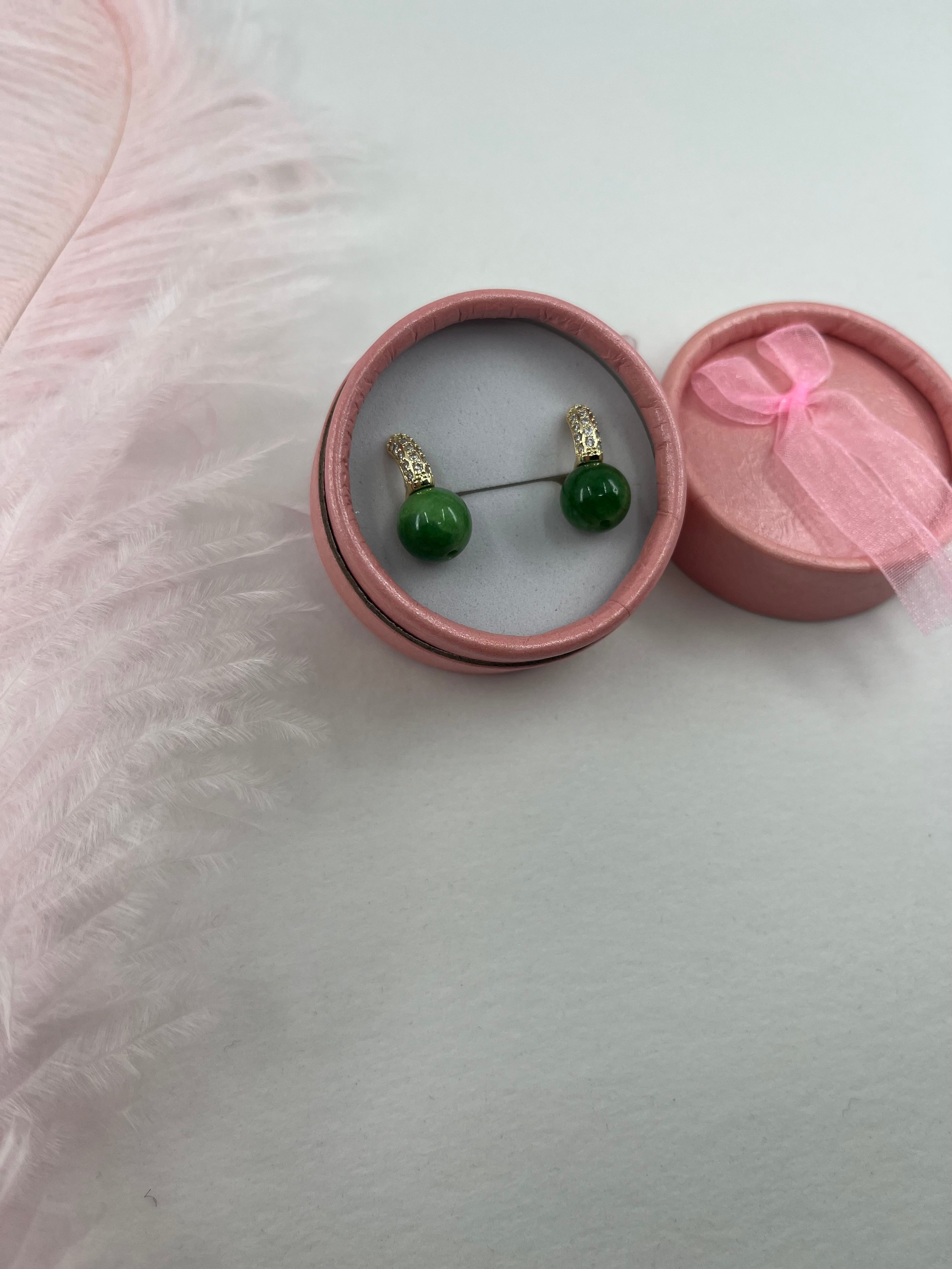 Natural Green Jade Gold Zirconia Earrings