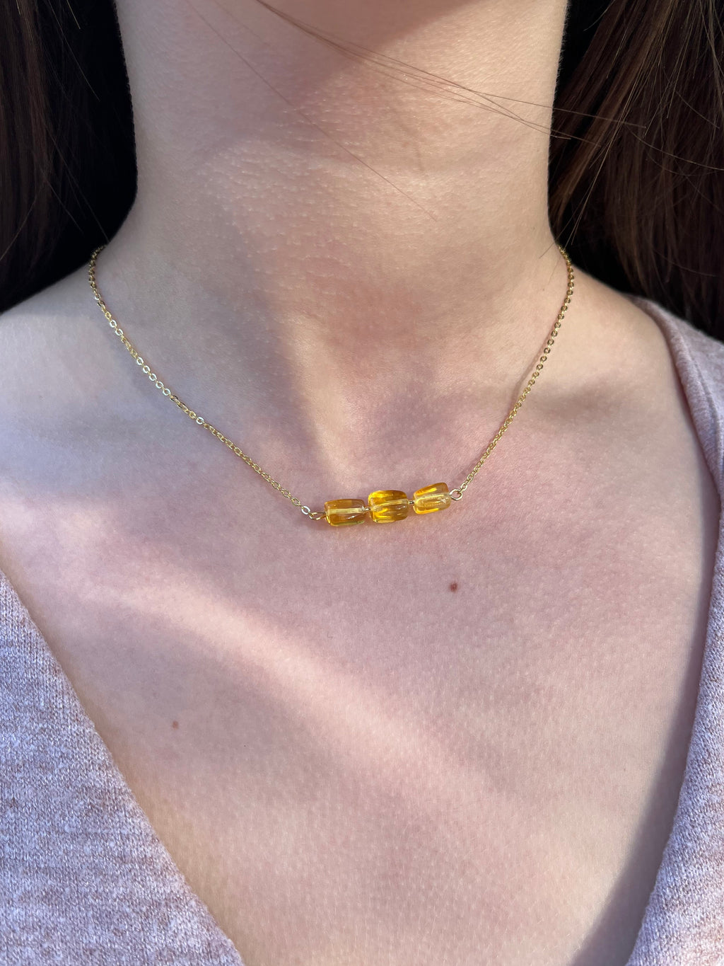 Natural Amber Necklace, chain 18k plated