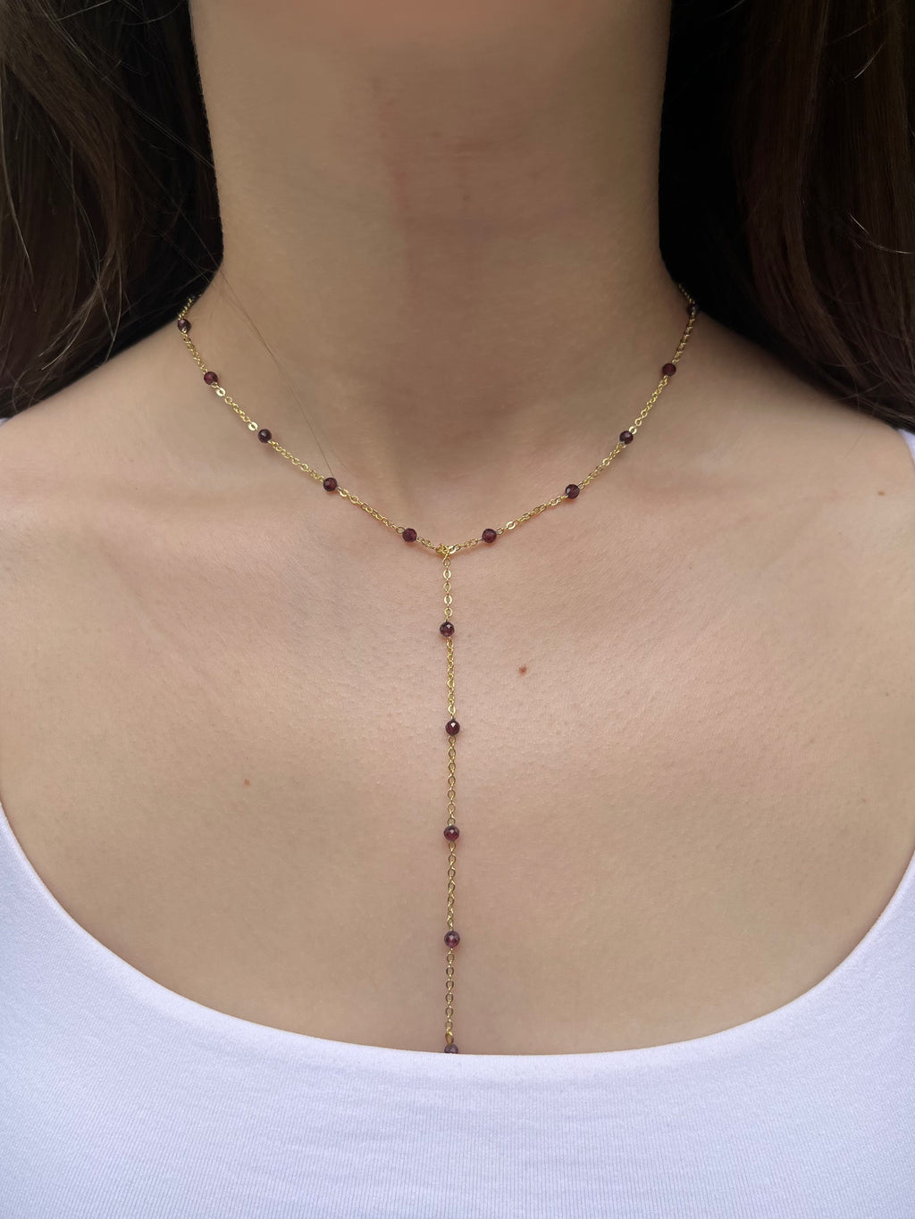 Lariat Garnet necklace , 18K gold plated