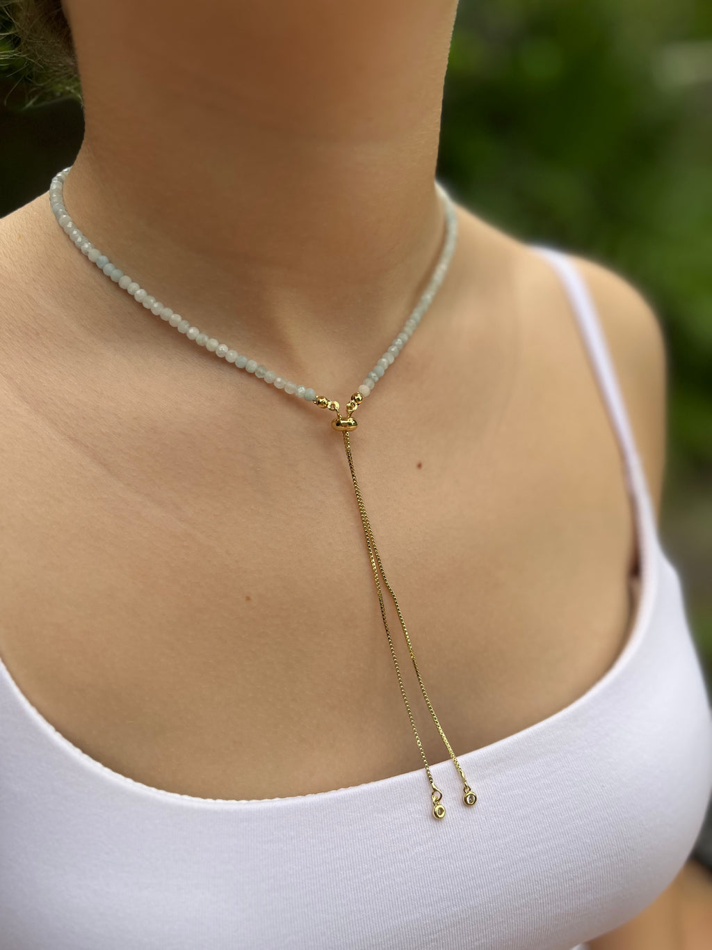 Aquamarine Slider Y-Necklace, 18k gold plated