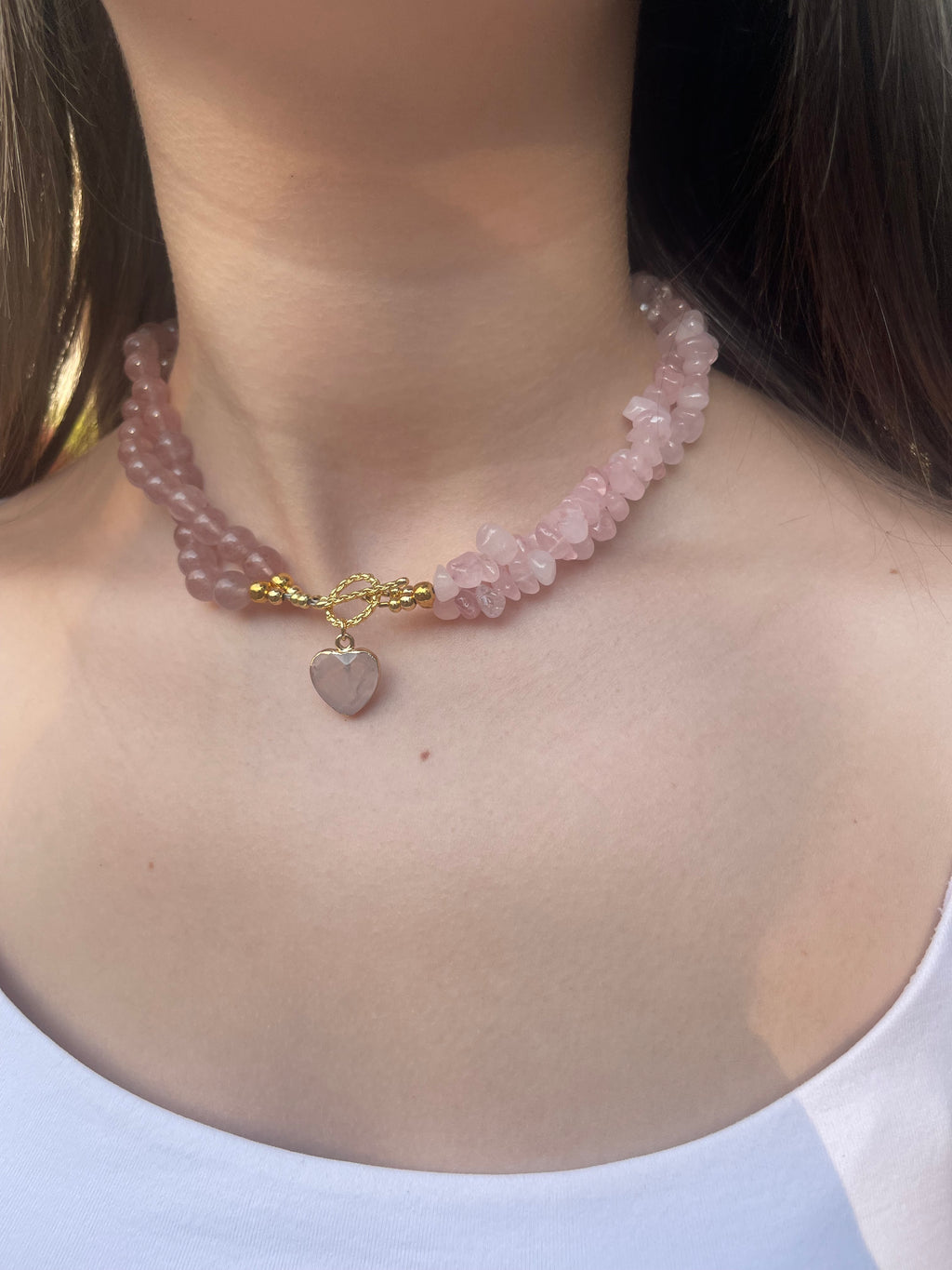 Asymmetrical Layered Strawberry Quartz Necklace with heart pendant: 18K Gold Plated Pendant