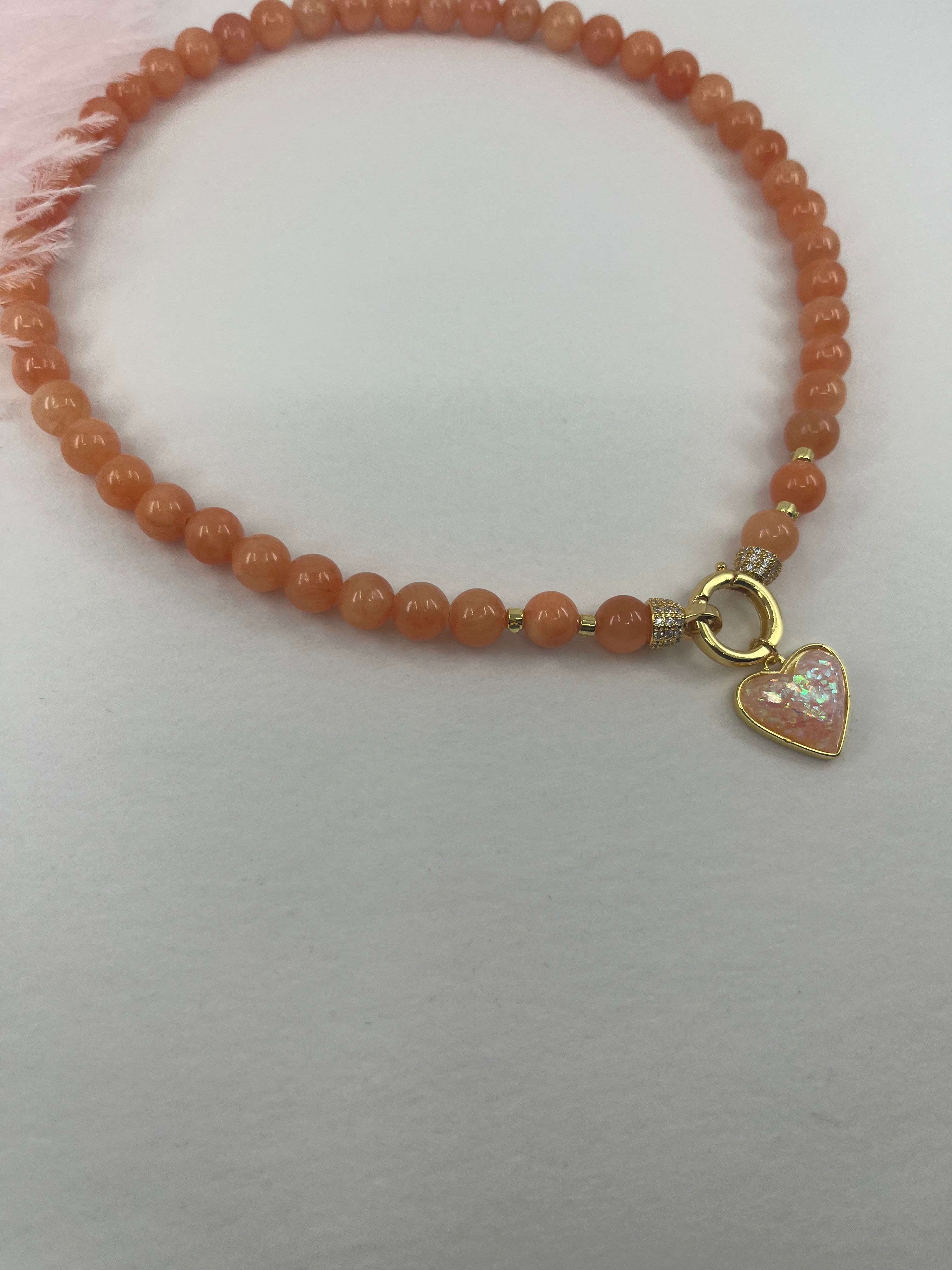Natural Coral Jade Necklace with Heart Pendant