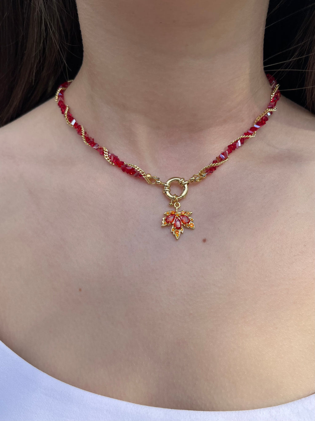 Crystal Red Necklace: 18K Gold Pendant Maple Leaf