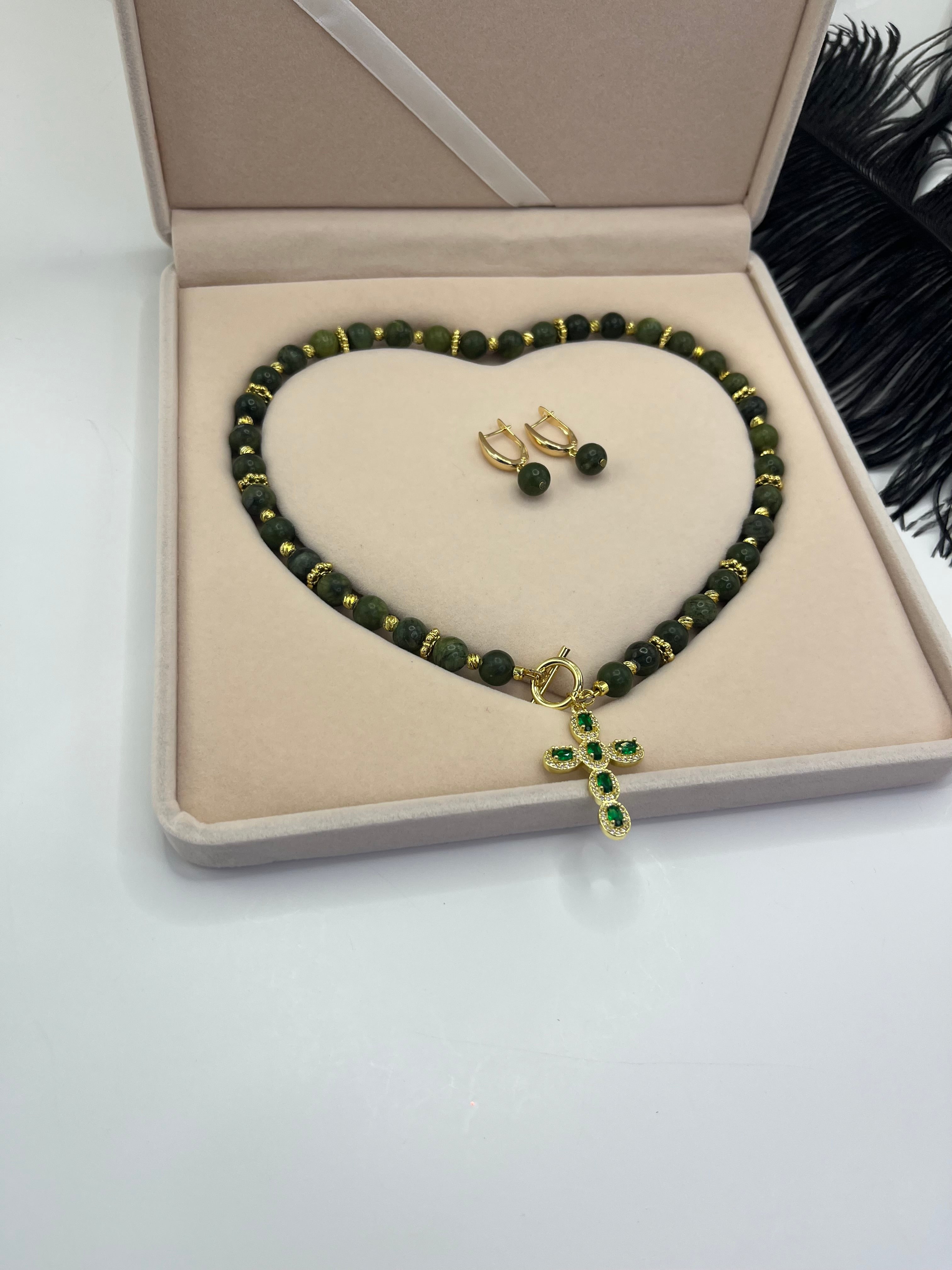 Set: Natural Taiwan Jade Necklace with Zirconia Cross 18K Gold plated