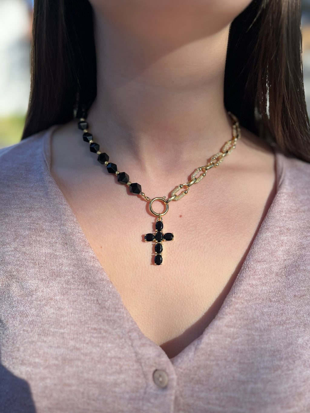 Asymmetrical Black Onyx Necklace– Cross 18K Gold Plated