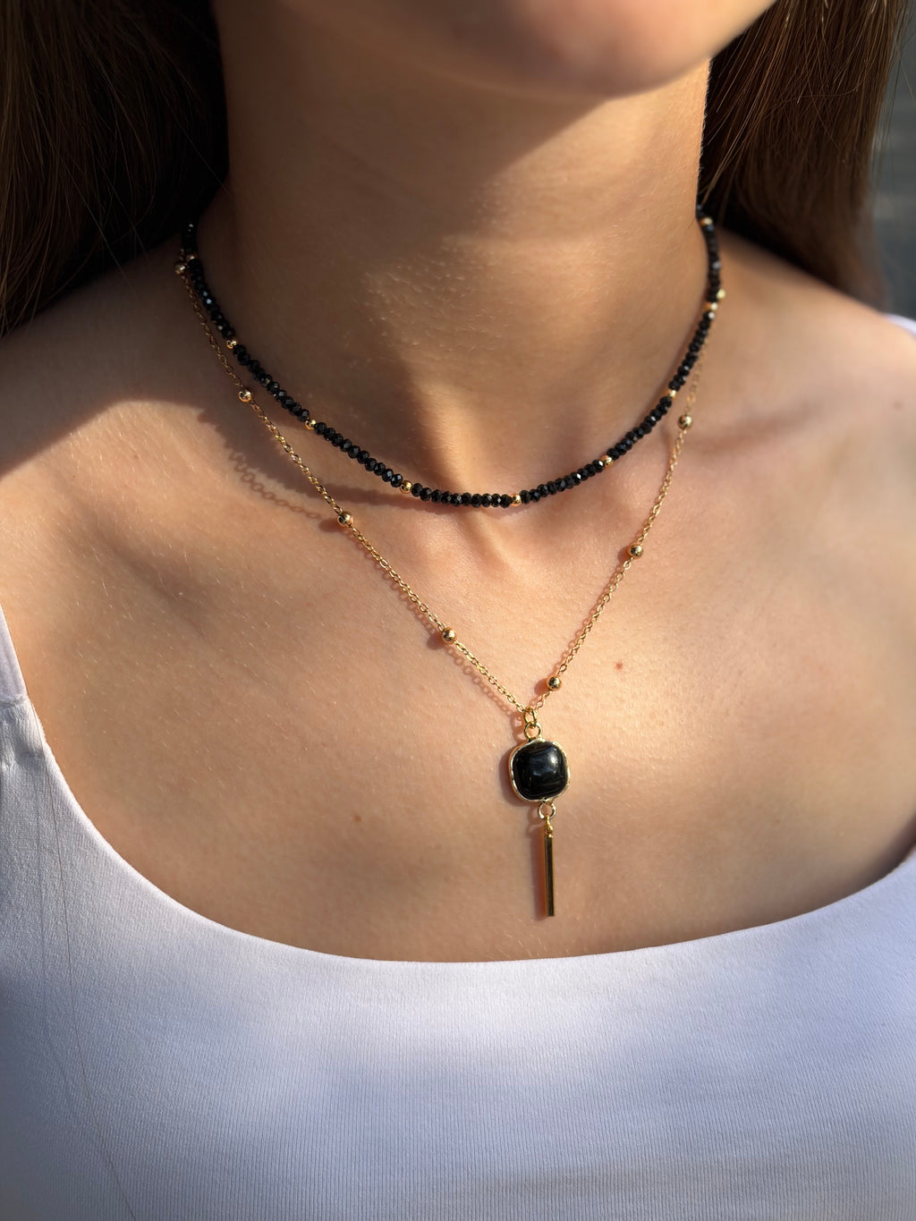 Layered Spinel necklace with onyx pendant