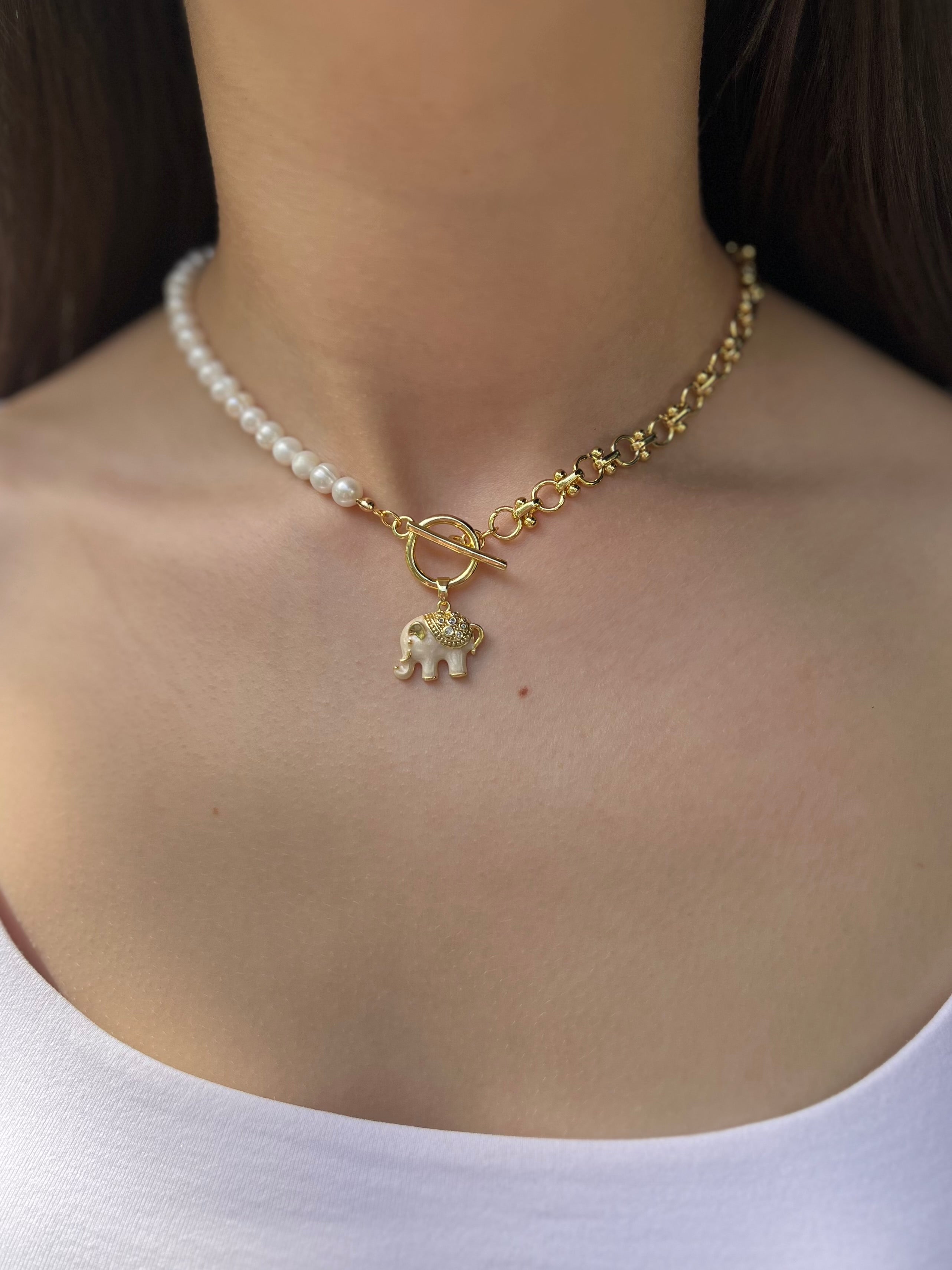 Asymmetrical Pearl Necklace with Elephant Pendant, 18K Gold Plated Chain