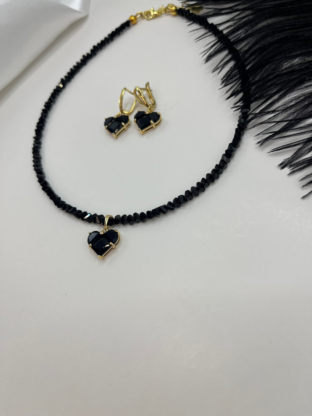 Set: Heart Black Crystal Choker Necklace and Earrings – 18K Gold Plated, Cubic Zirconia, Nickel Free